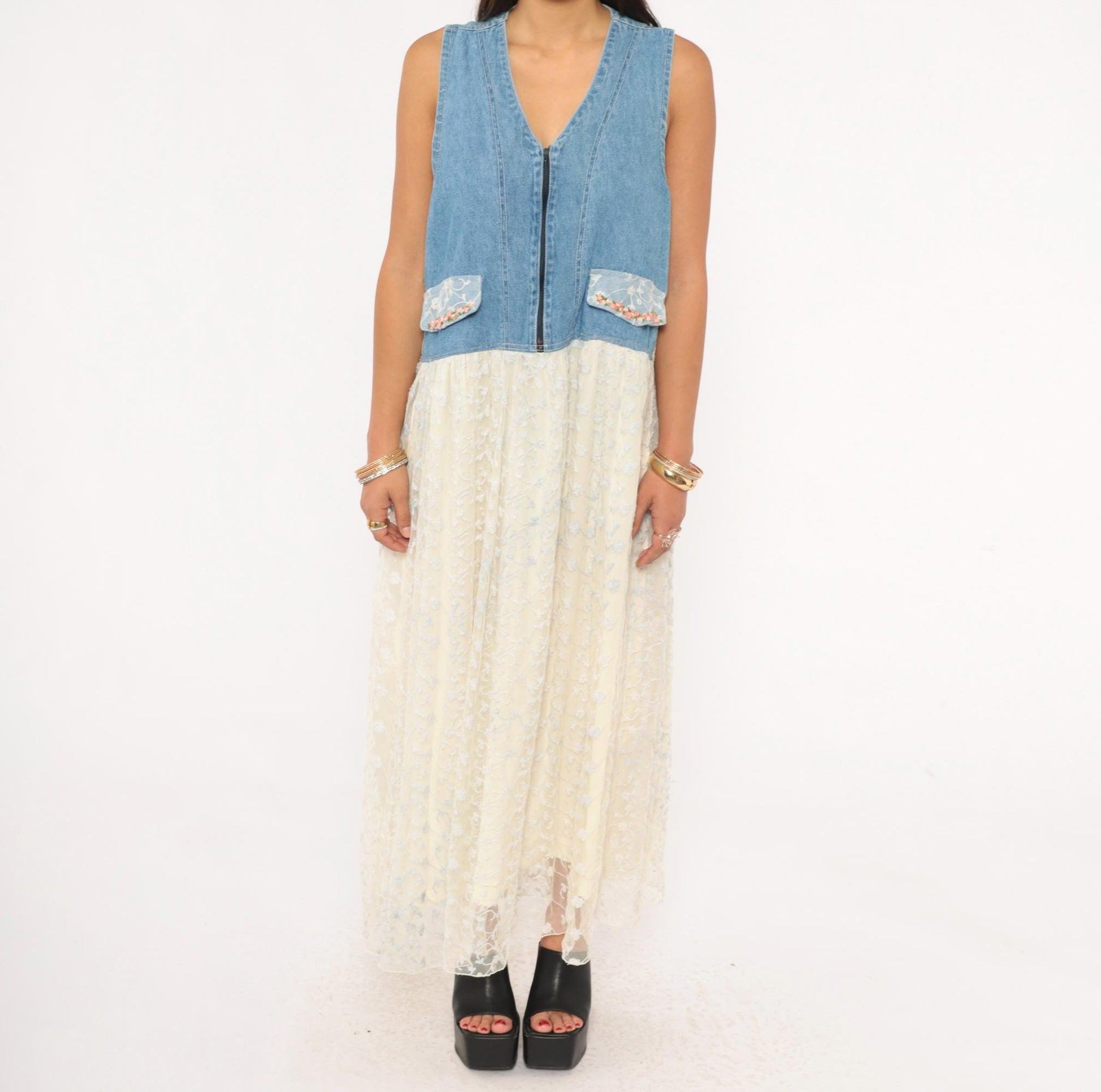 90s Modelle Designs Denim Lace Maxi Dress Sleeveless V Neck Floral Embroidered Cream Large L