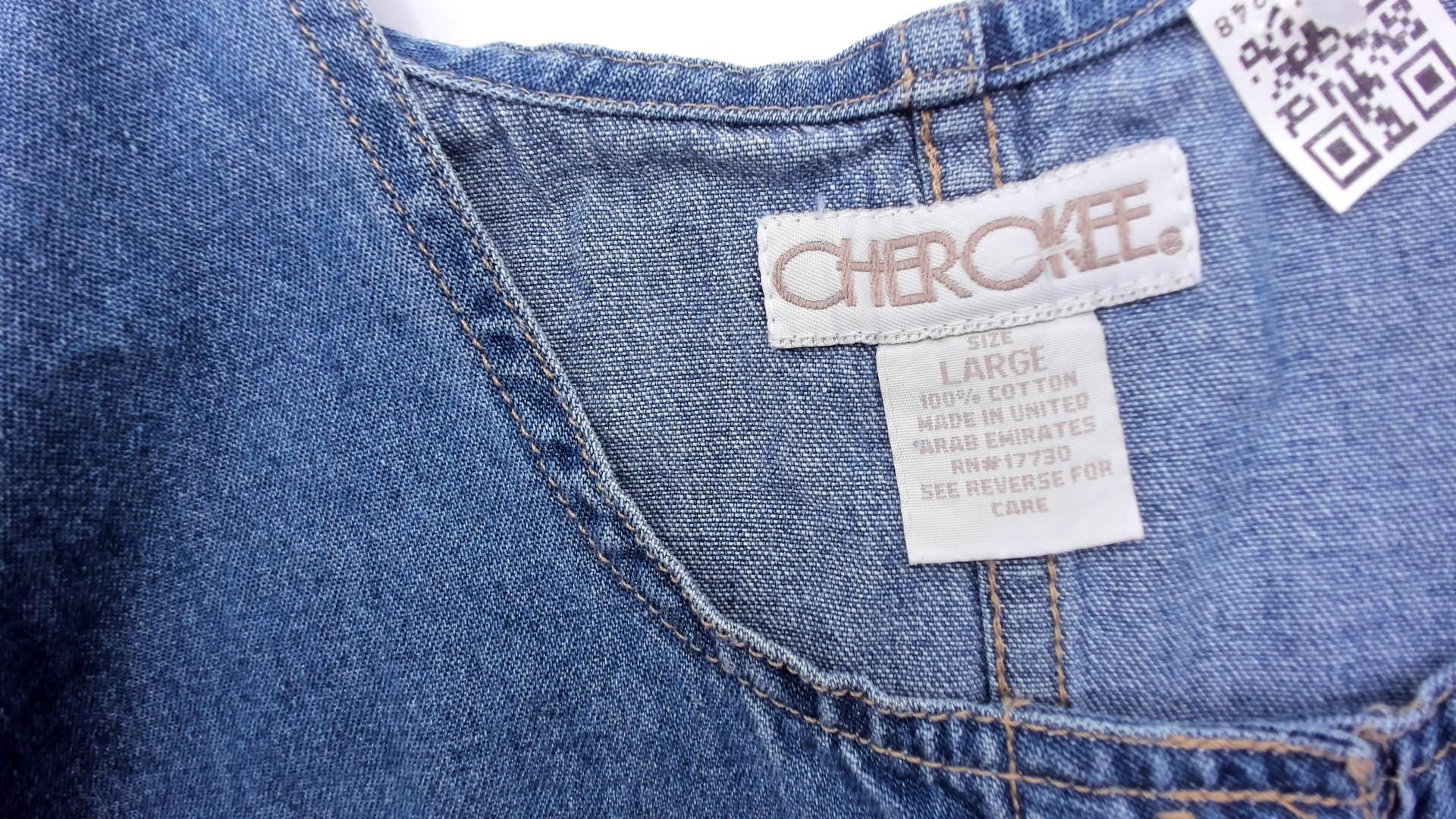 90s Cherokee Denim Jumper Dress Button Front Mini Blue Chambray Large L