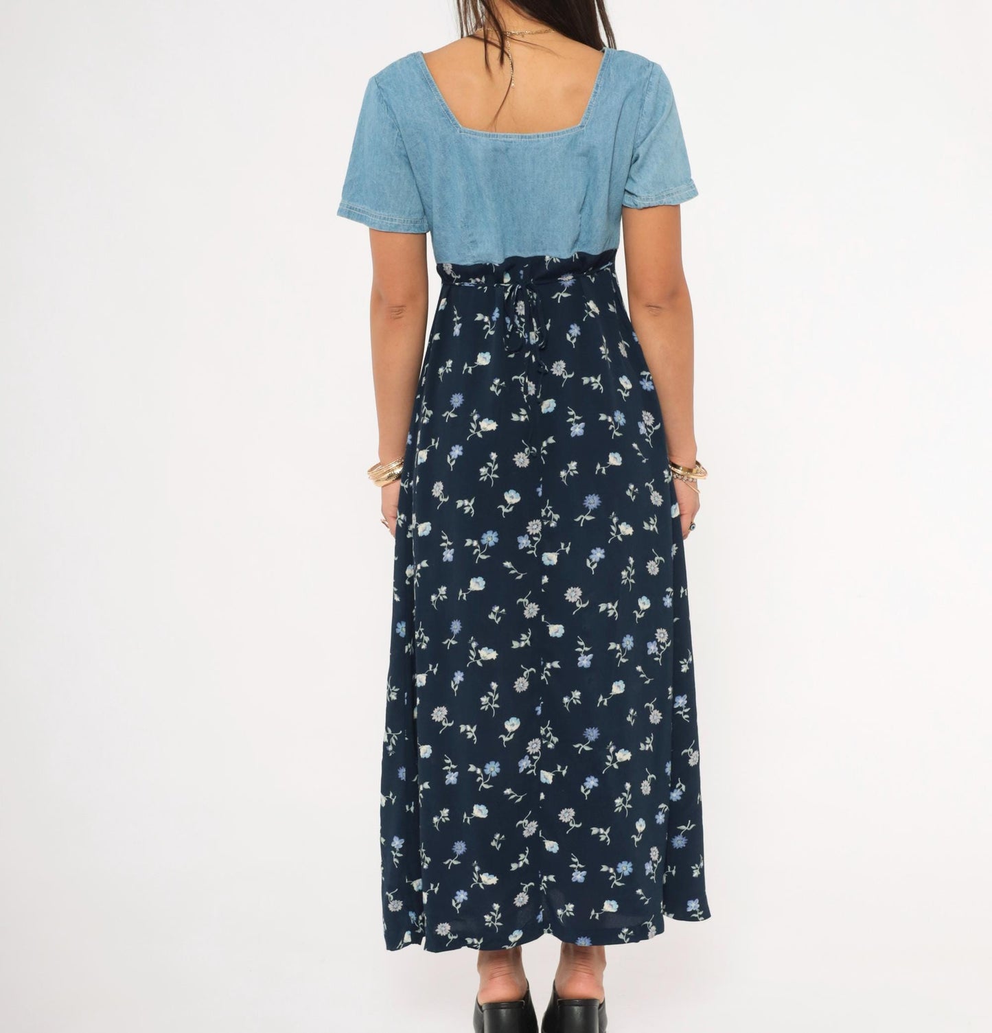 90s Express Denim Floral Maxi Dress Navy Empire Waist Button Front Small