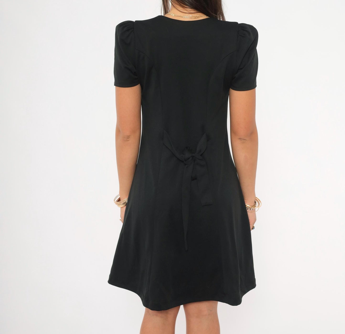 90s Formal Fashions Black A-Line Dress Puff Sleeve Scoop Neck Knee Length Small