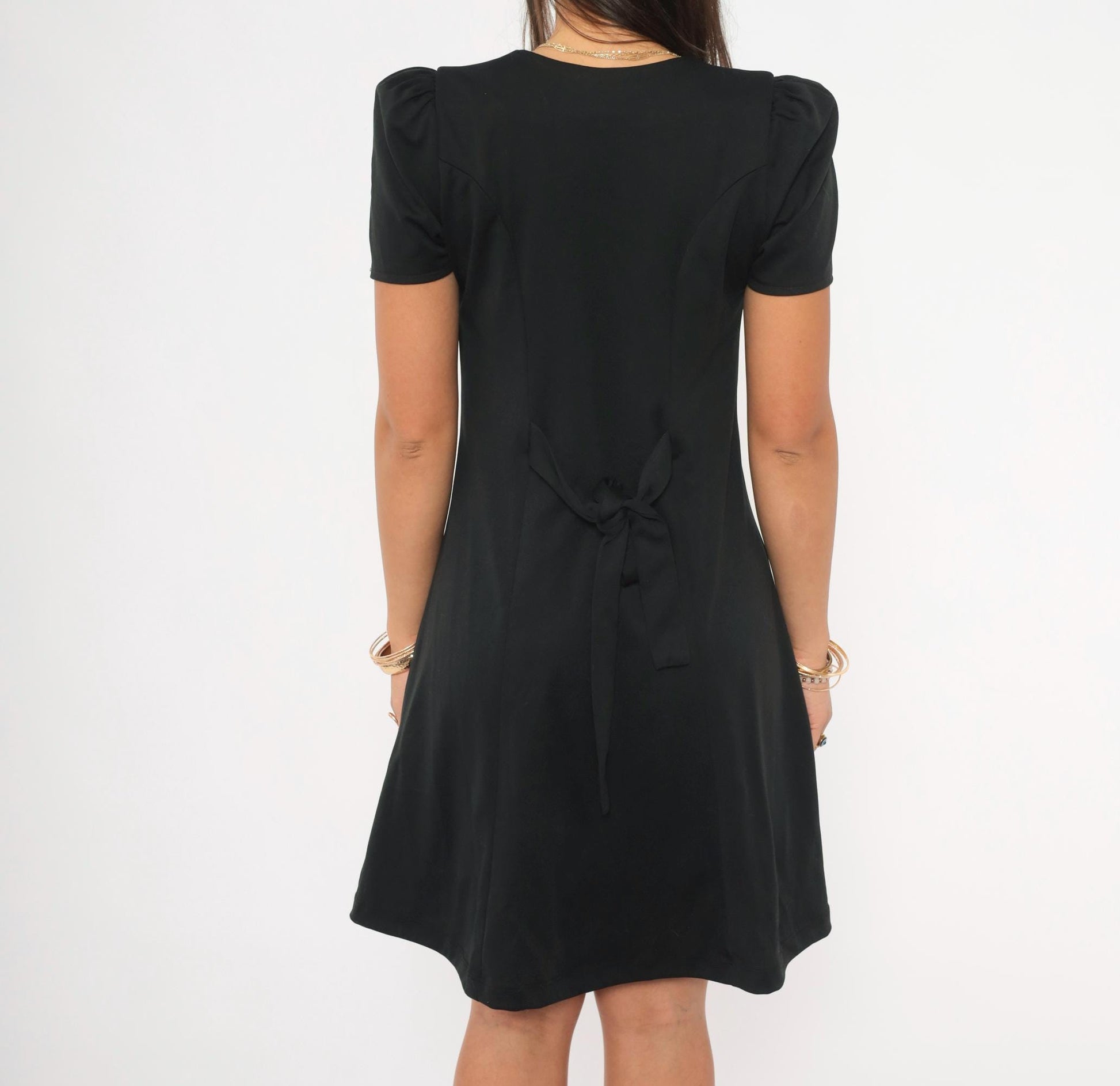 90s Formal Fashions Black A-Line Dress Puff Sleeve Scoop Neck Knee Length Small