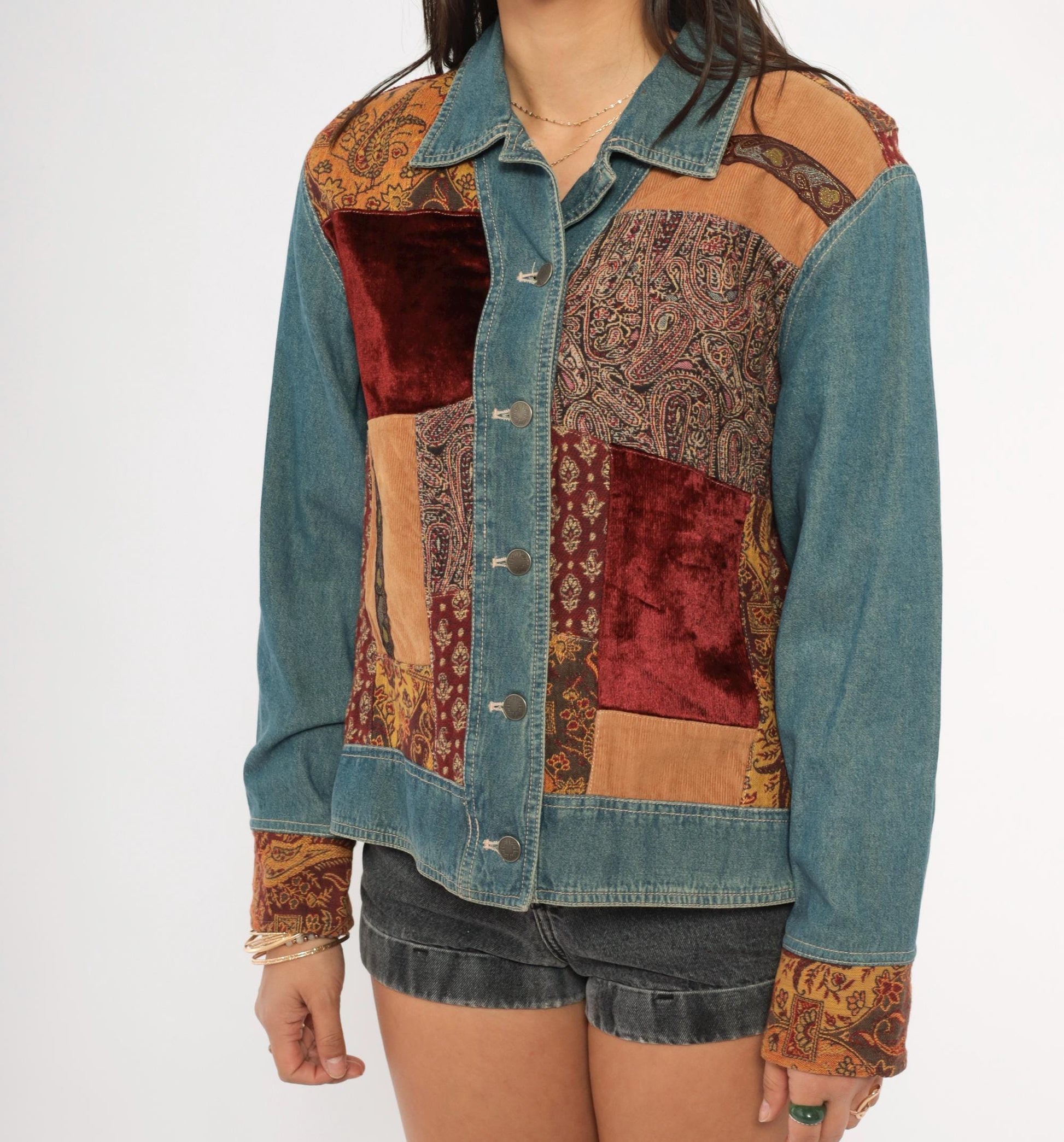 2000s Out Of The Blue Patchwork Denim Jacket Velvet Corduroy Paisley Small S