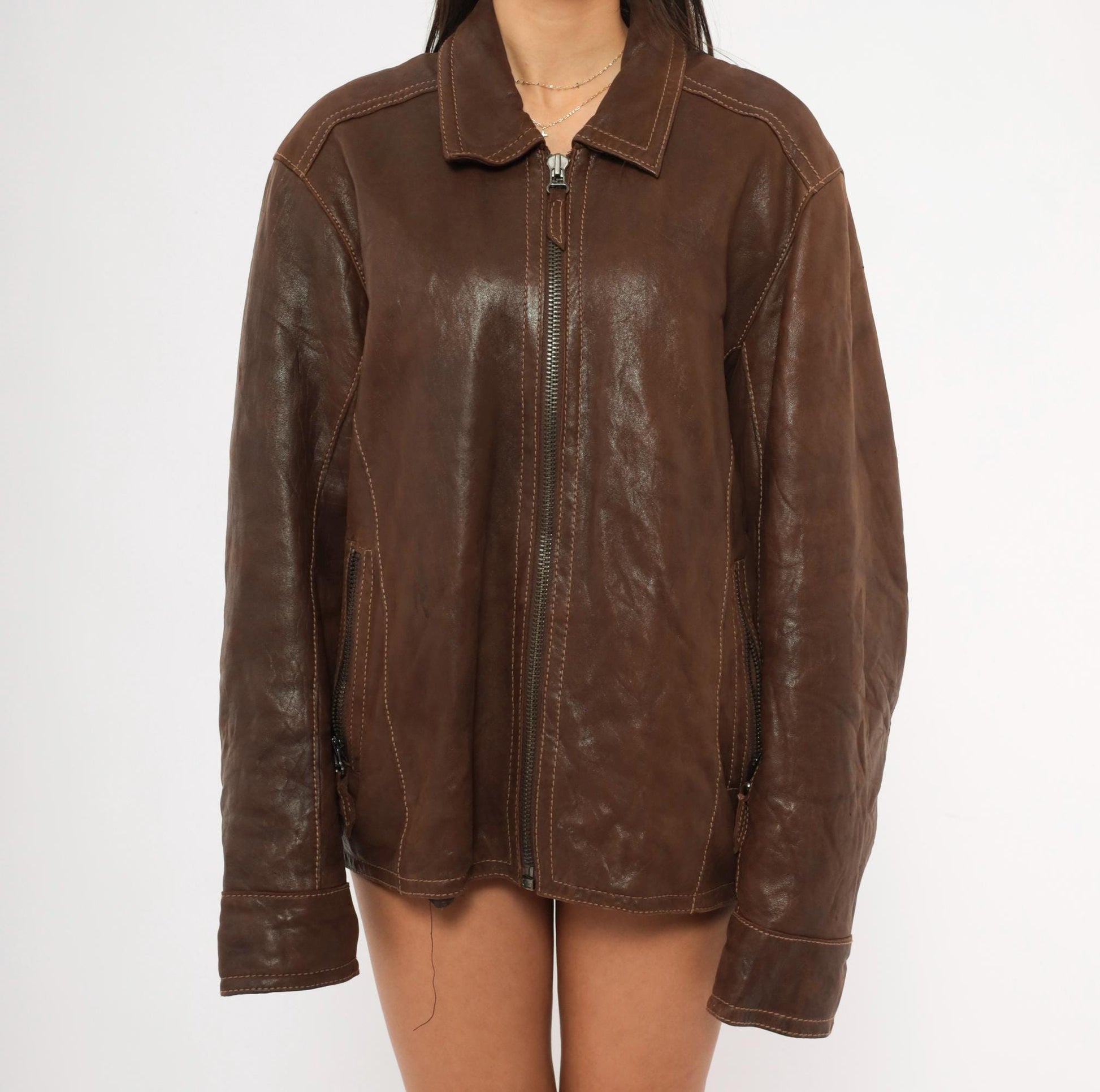 Y2K Wilsons Brown Leather Moto Jacket Paneled Spread Collar Large L