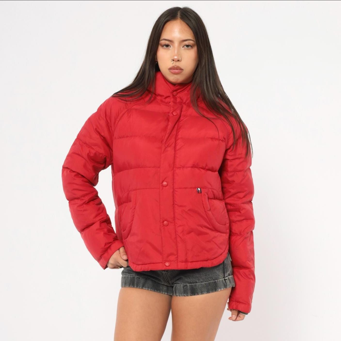 90s Tommy Jeans Red Down Puffer Jacket Hooded Cropped Quilted Medium M