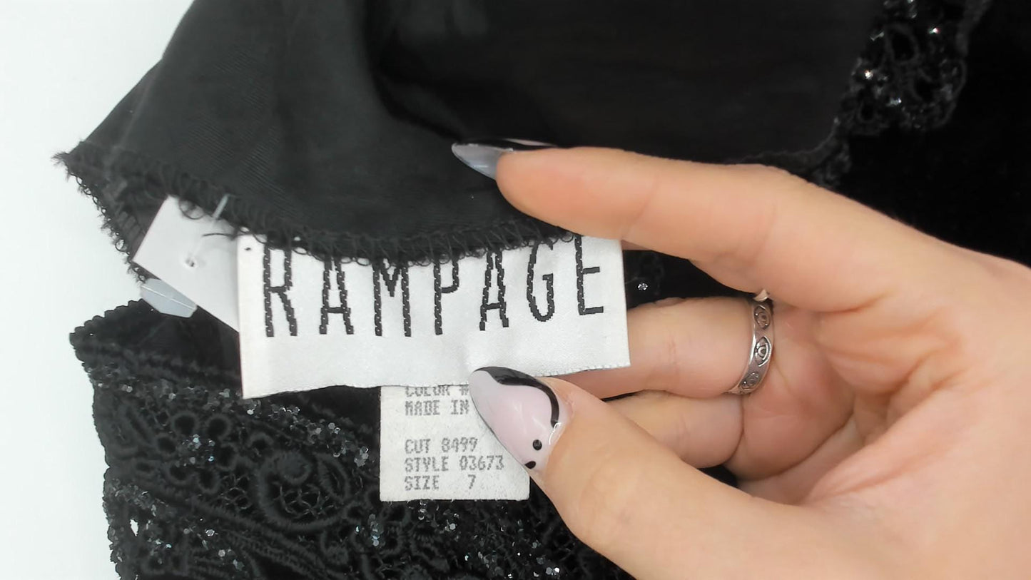 90s Rampage Black Velvet Maxi Gown Beaded Lace Off-Shoulder Extra Small XS