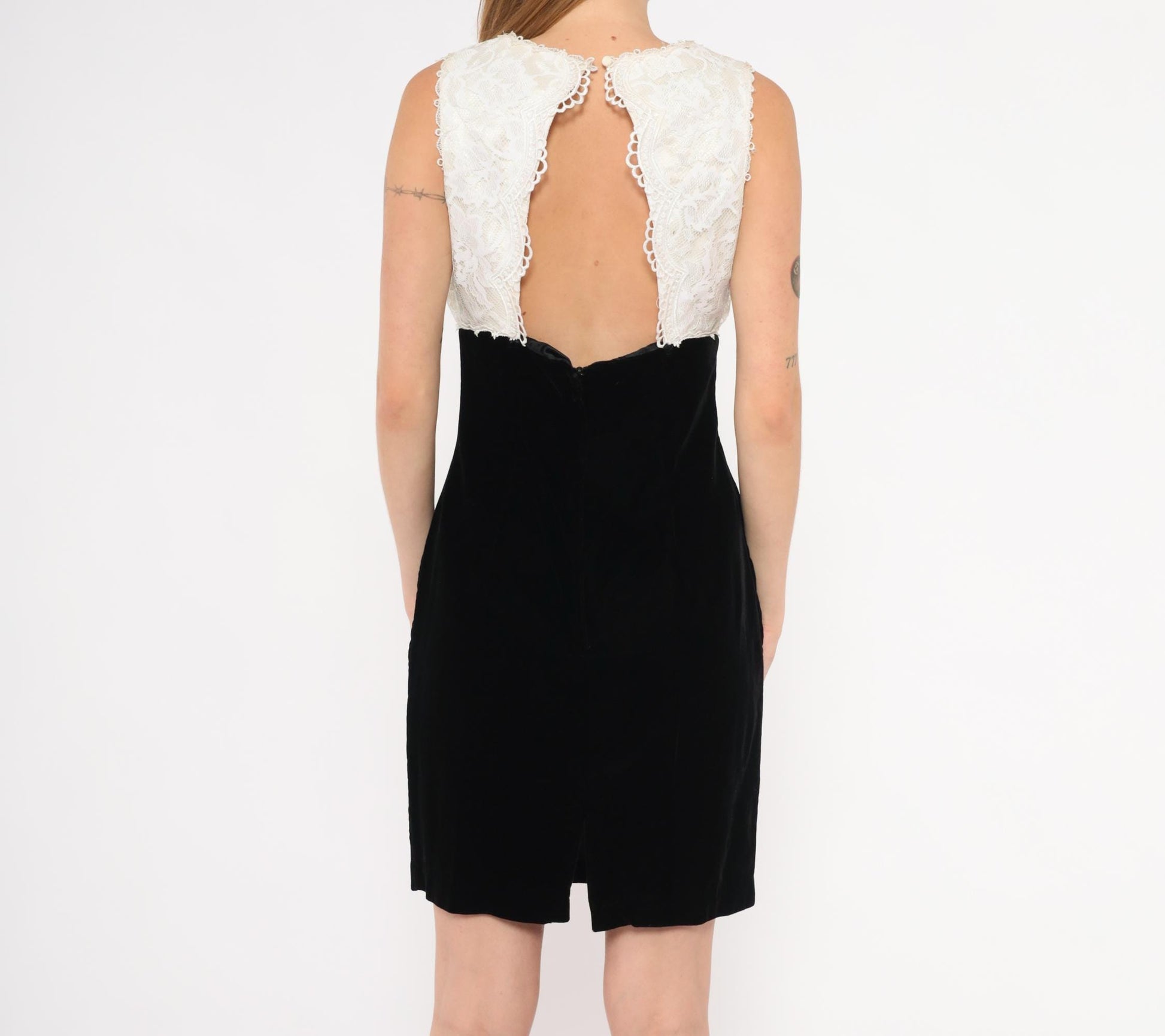 Gunne Sax Jessica McClintock Velvet Lace Mini Dress Open Back Black Cream Medium