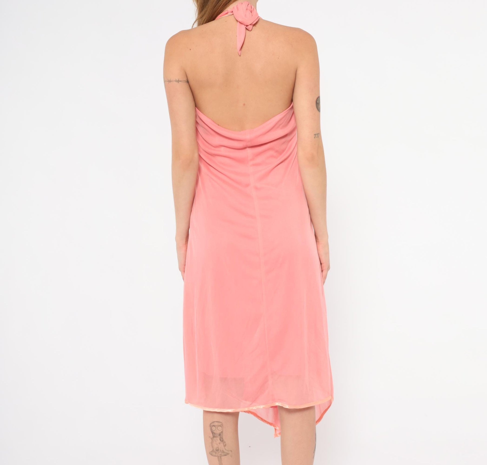Y2K Coral Halter Dress Surplice Neckline Satin Trim Ruffle Chiffon Overlay Backless Tie Neck Pink Summer Beach Party Coquette Salmon Large L