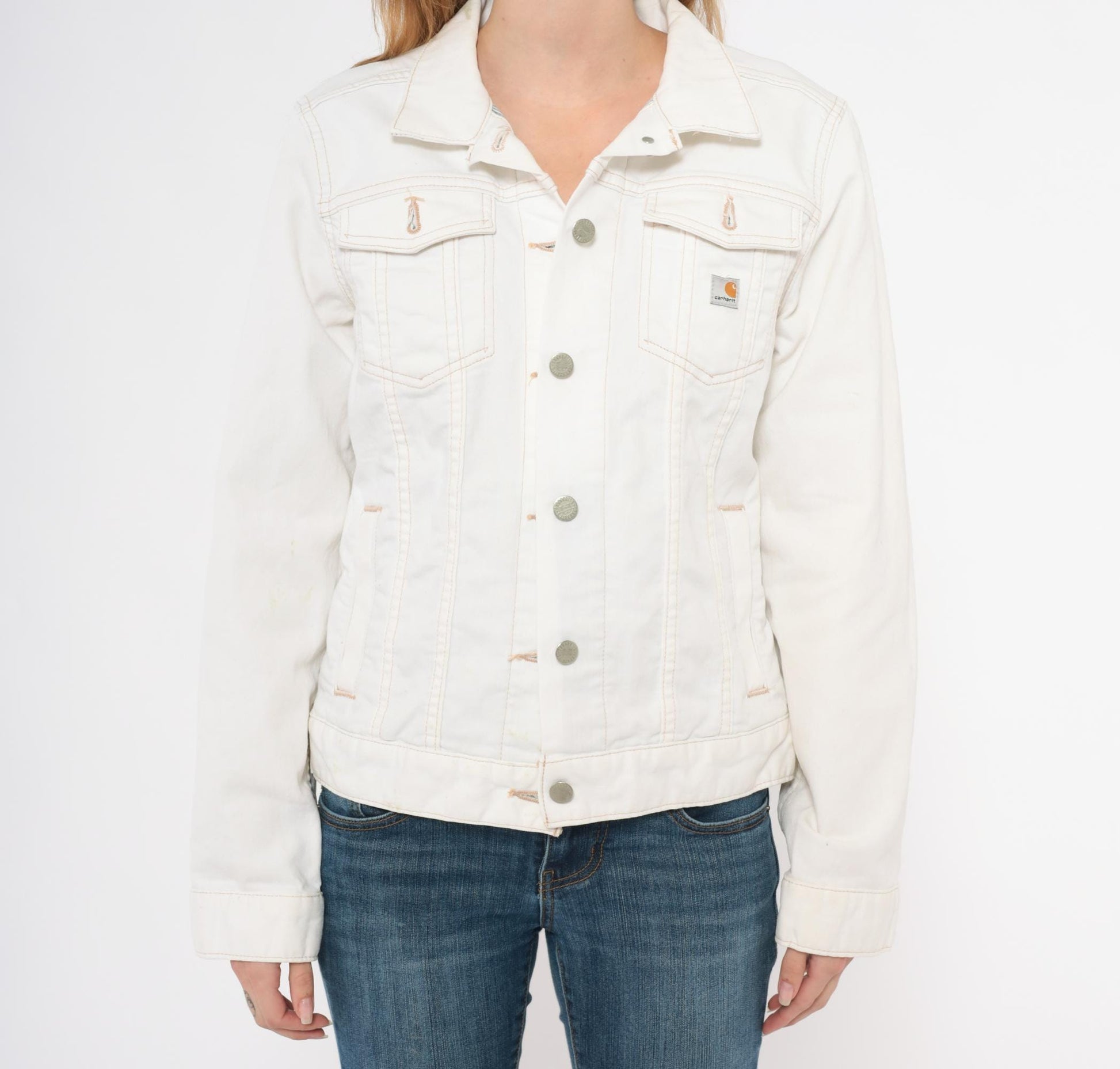 2000s Carhartt Denim Jacket White Contrast Stitch Trucker Medium M