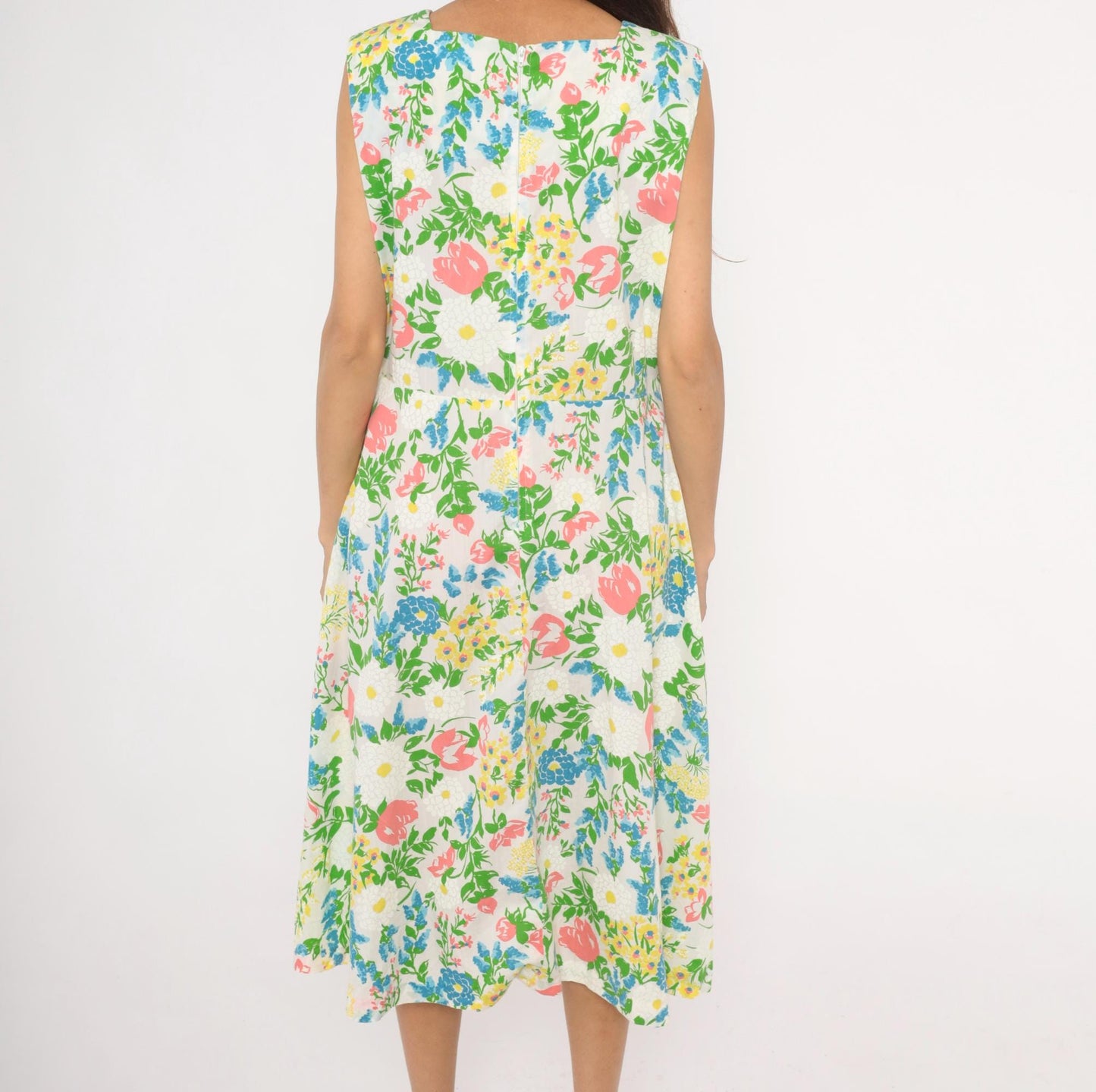 70s New Perspective Floral Midi Sundress Square Neck Pleated Cotton Pink Blue Large L