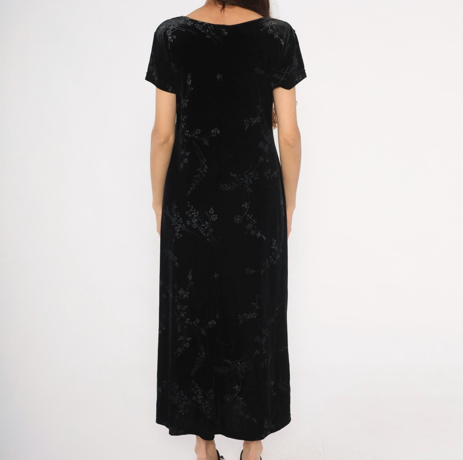 90s DJ & Co Black Velvet Maxi Dress Burnout Floral Short Sleeve Large L