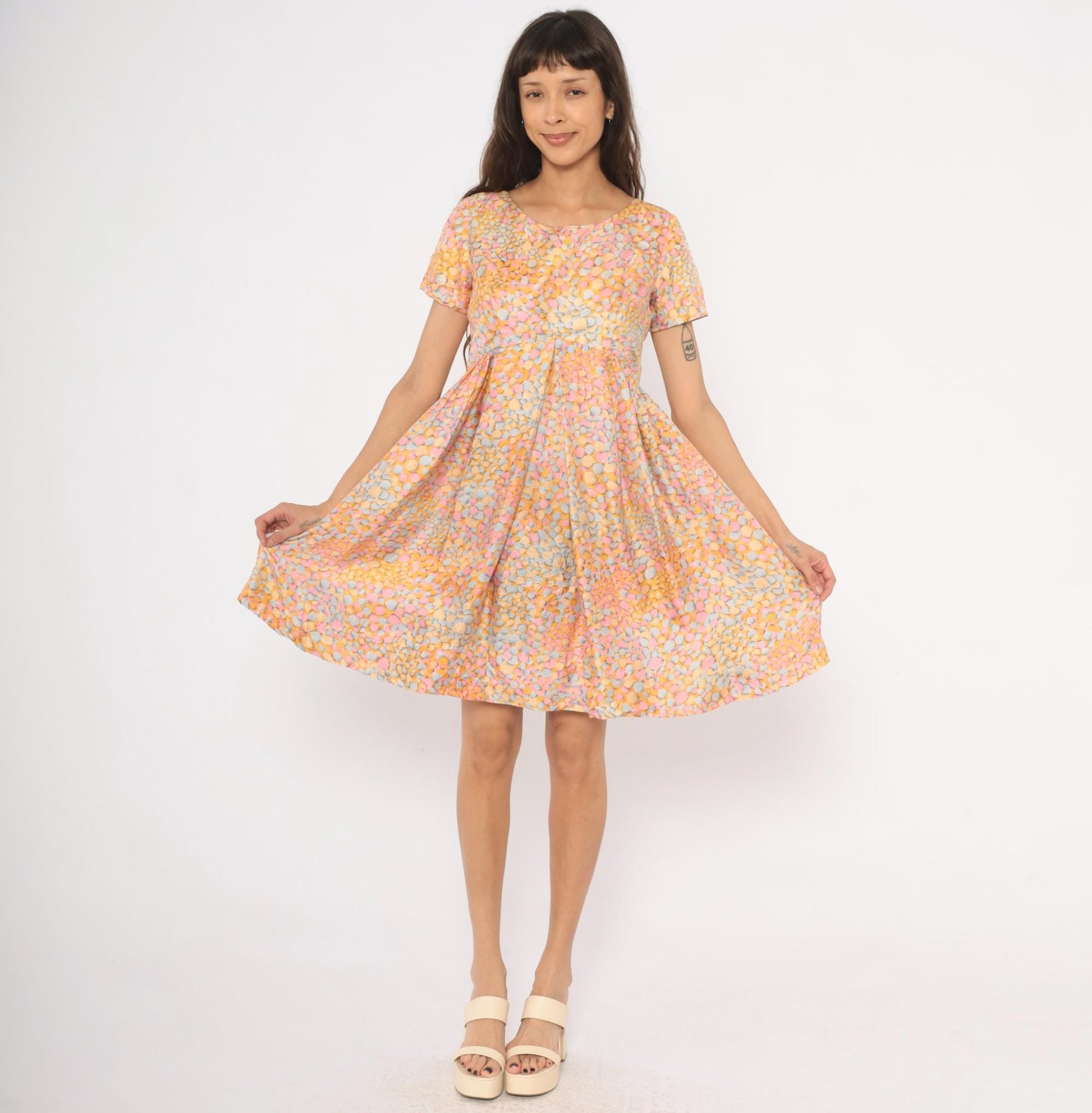 60s Silk Babydoll Dress Pebble Print Orange Pink Blue Mini Scoop Neck Medium M