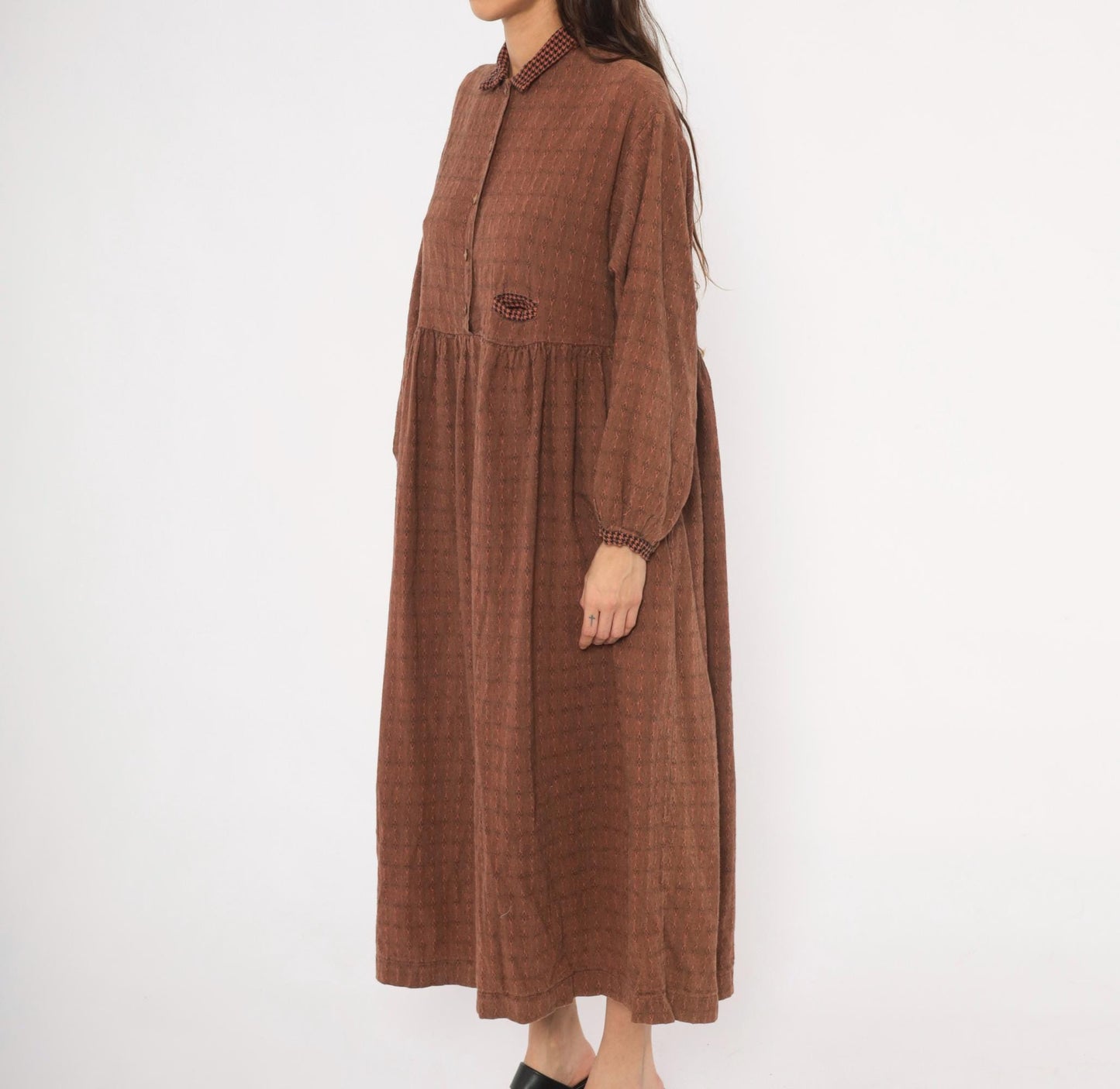 90s No Saint Brown Maxi Shirt Dress Houndstooth Collar Diamond Pattern Medium