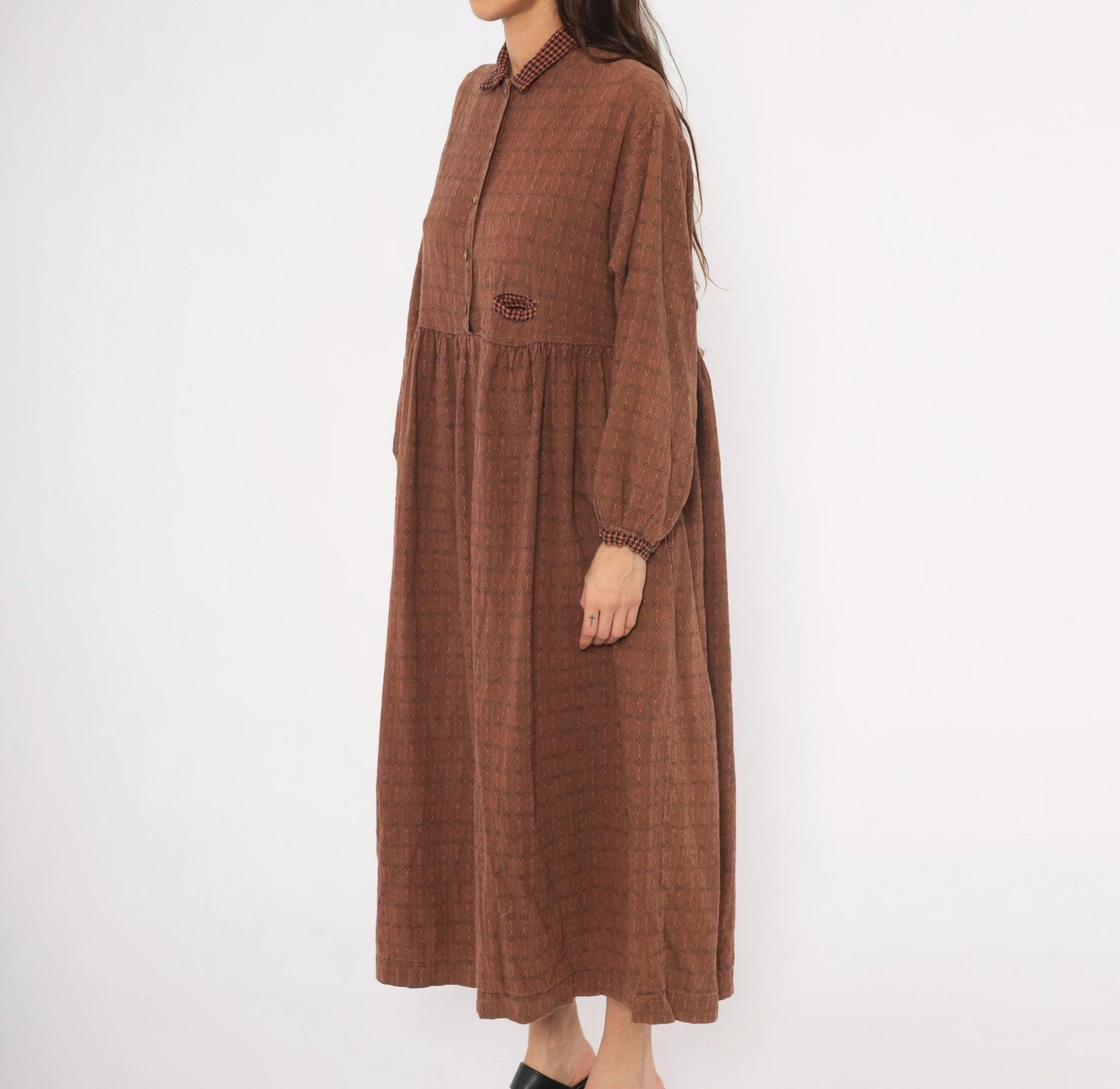 90s No Saint Brown Maxi Shirt Dress Houndstooth Collar Diamond Pattern Medium