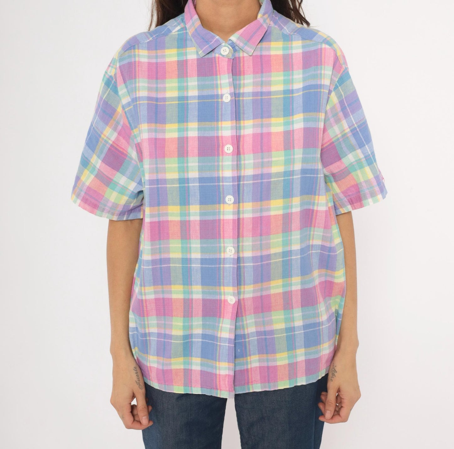 80s Jessica Tyler Madras Plaid Button-Up Blouse Pink Lavender Blue Cotton Large L