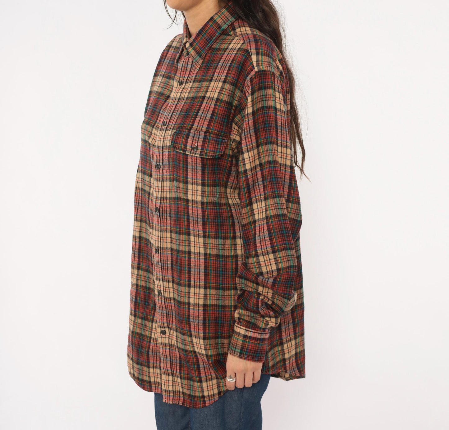 90s Enro Sportswear Plaid Flannel Shirt Burgundy Green Tartan Button-Up Large Tall
