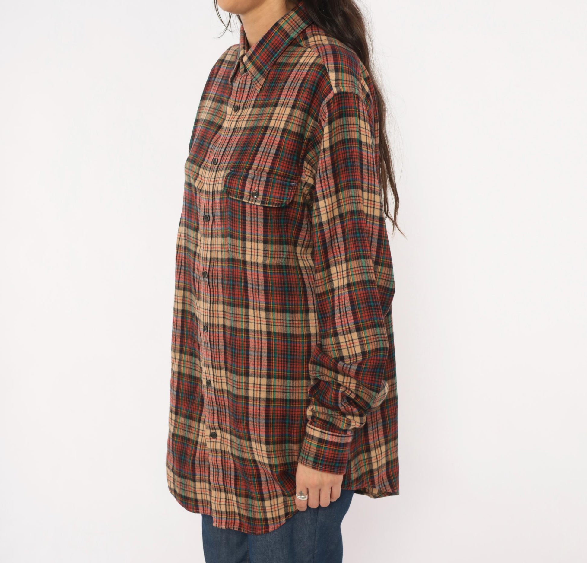 90s Enro Sportswear Plaid Flannel Shirt Burgundy Green Tartan Button-Up Large Tall