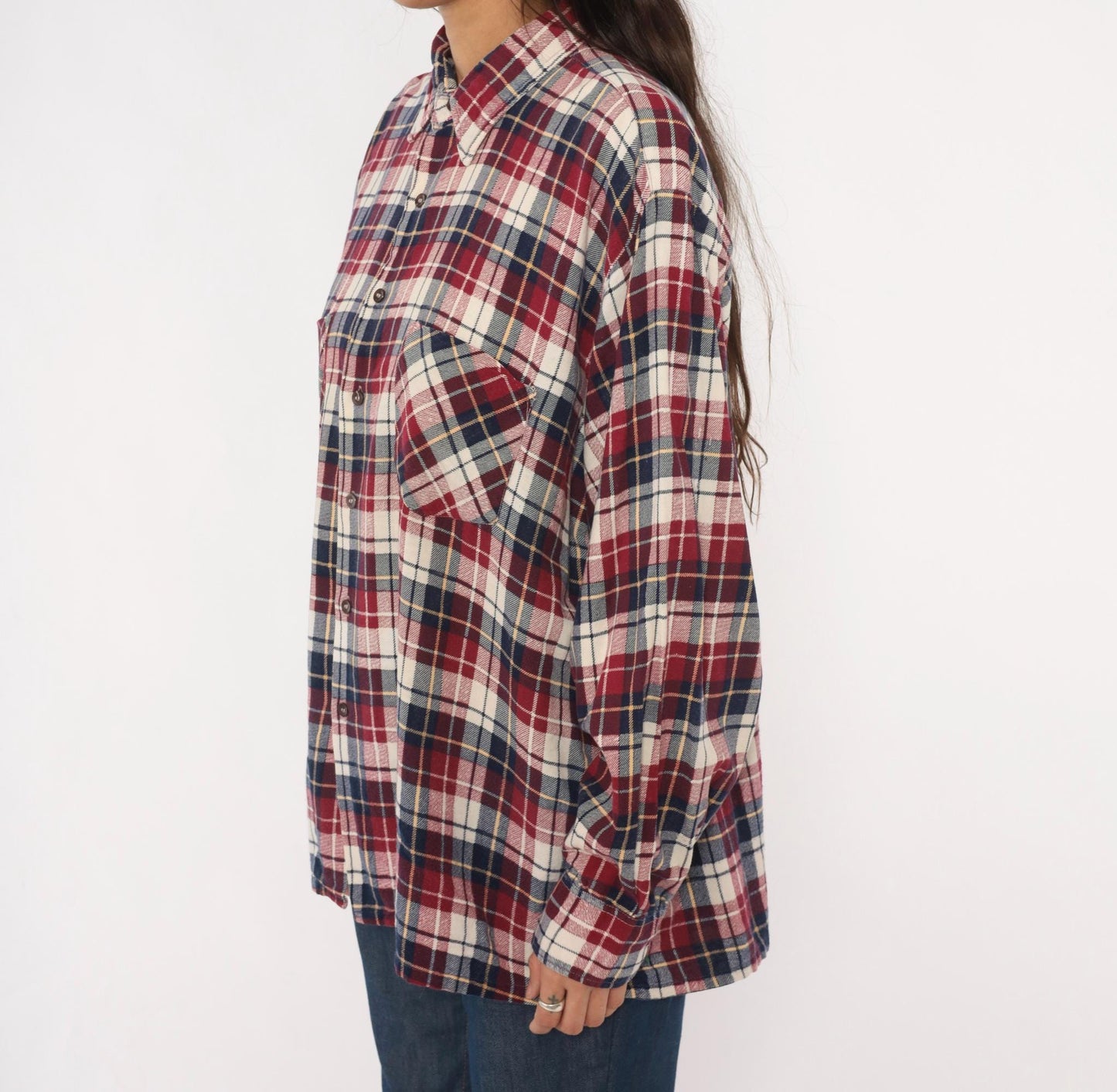90s Dickies Flannel Shirt Red Navy Cream Plaid Cotton XL