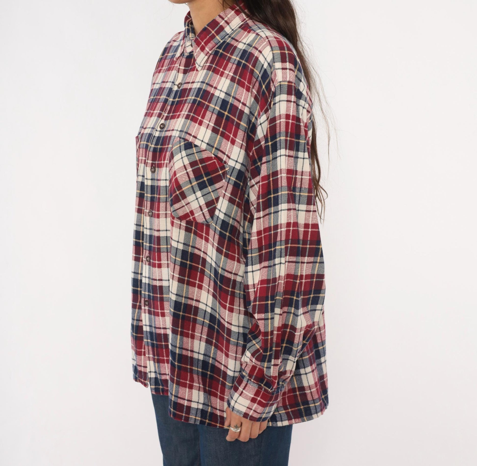 90s Dickies Flannel Shirt Red Navy Cream Plaid Cotton XL