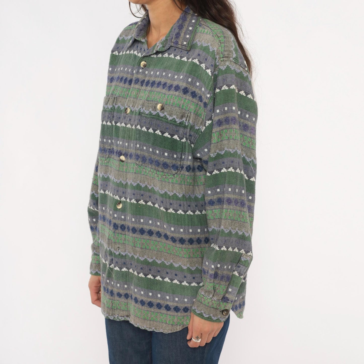 90s Point Zero Geometric Flannel Shirt Green Navy Jacquard Folk Pattern Medium