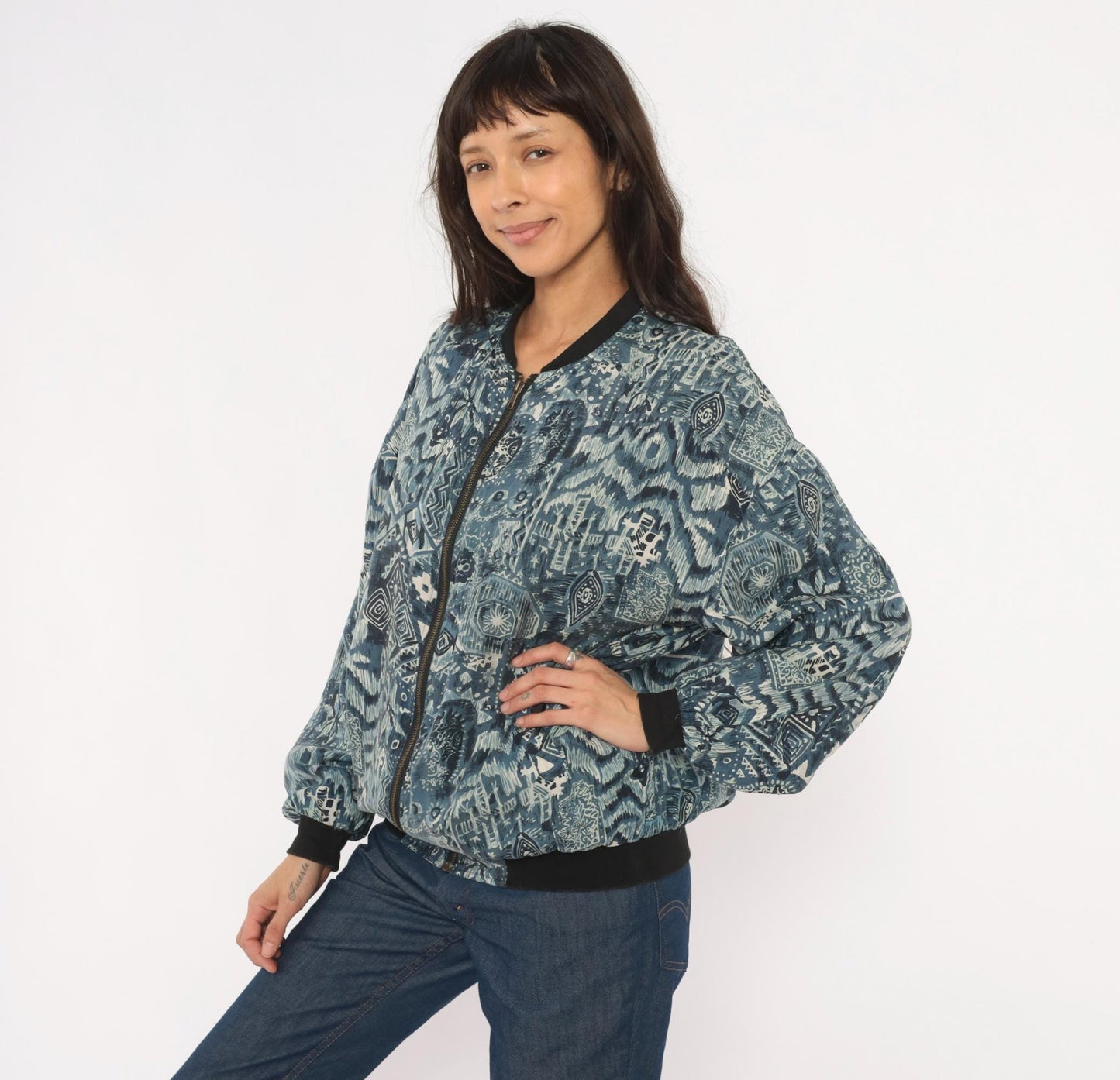 90s Silk Bomber Jacket Abstract Tribal Print Blue Grey Unisex Small