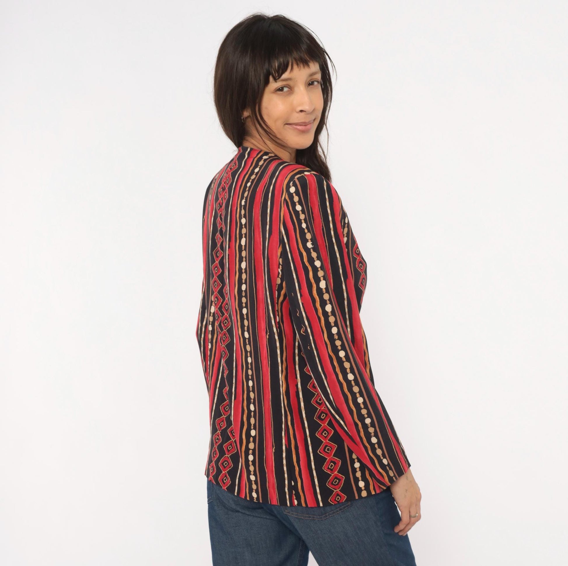 90s Southern Lady Tribal Stripe Blazer Collarless Geometric Black Small