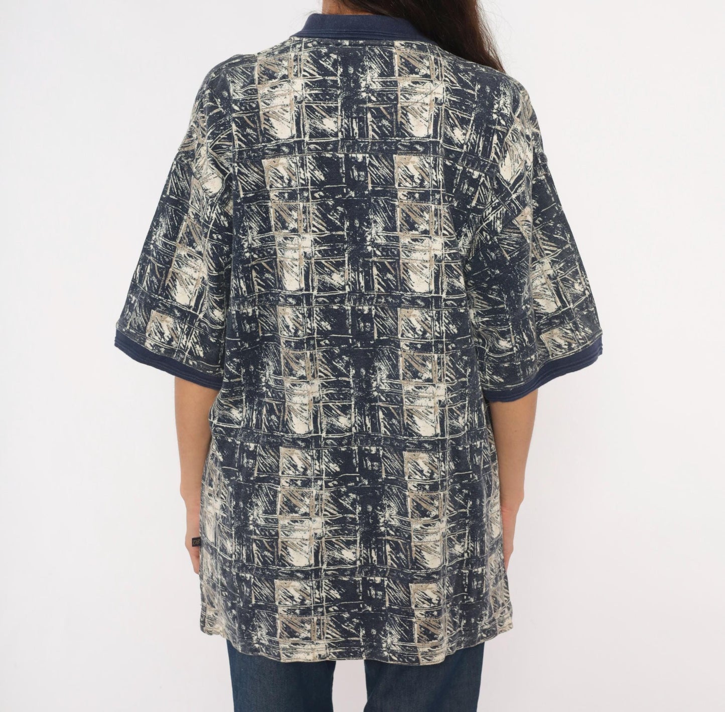 90s DB Classico Polo Navy Tan Abstract Brushstroke Cotton Shirt Large L