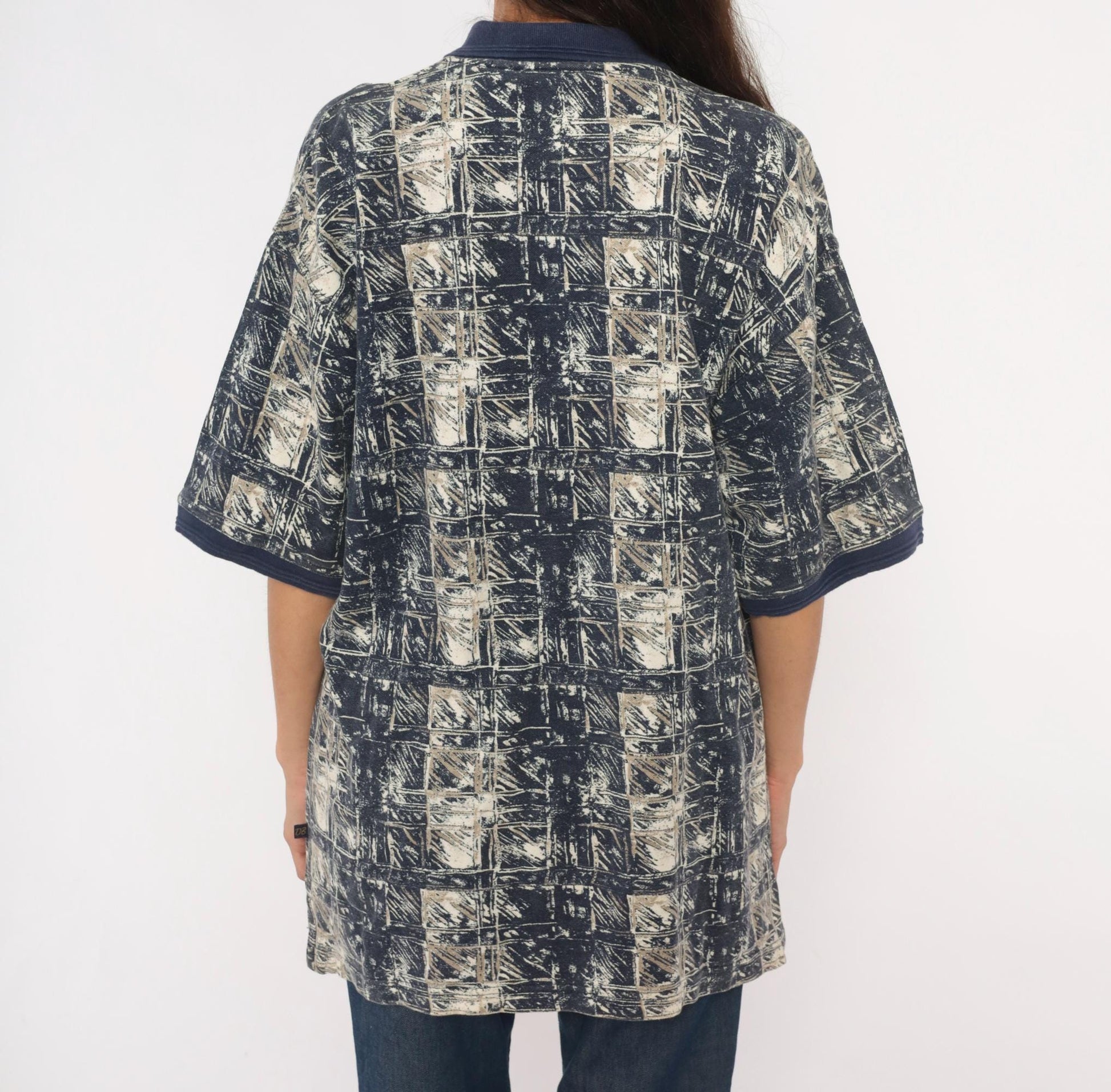 90s DB Classico Polo Navy Tan Abstract Brushstroke Cotton Shirt Large L