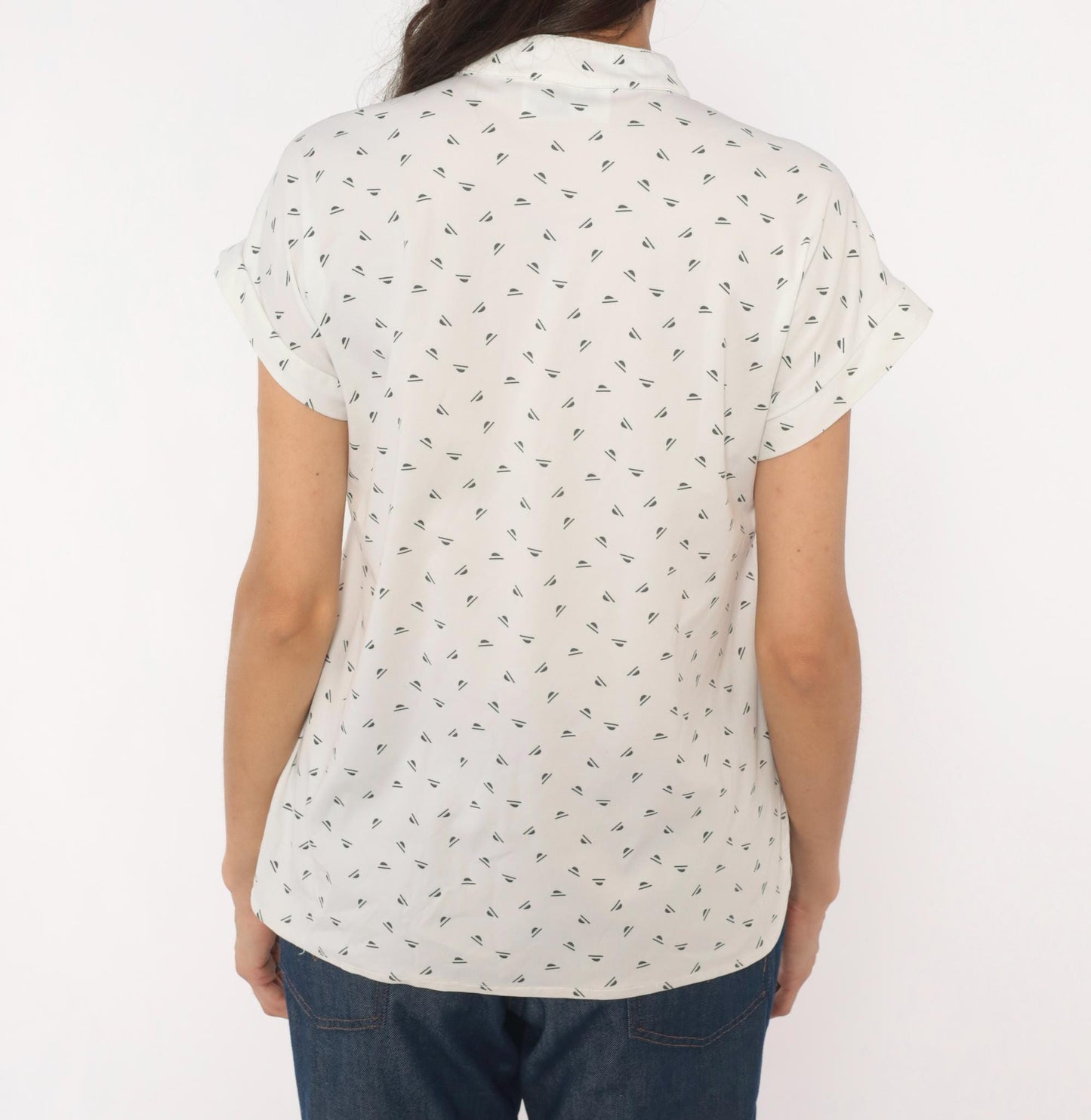 70s Mr. Fine Sailboat Print Blouse White Mandarin Collar Cap Sleeve Medium
