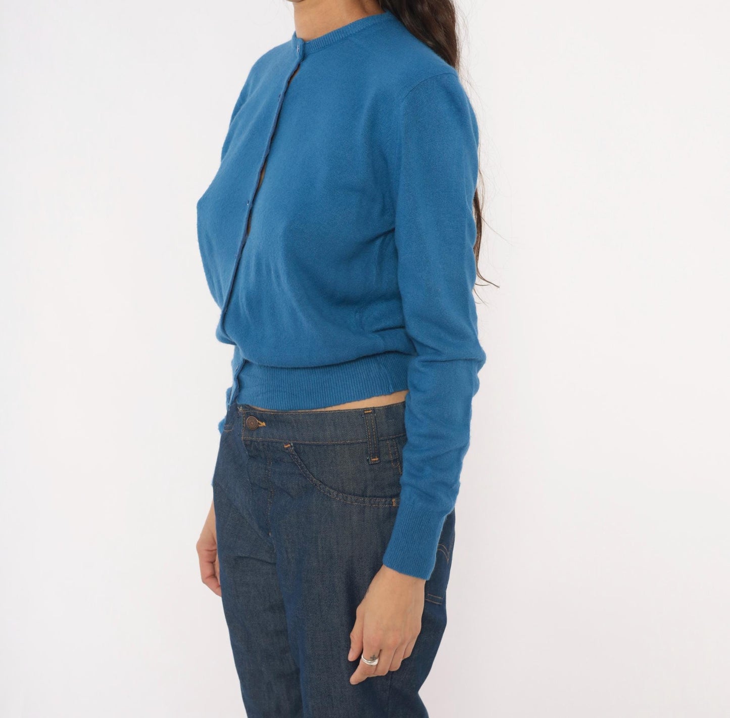 60s Joyce Lane Blue Cardigan Knit Sweater Cropped Ribbed Small S