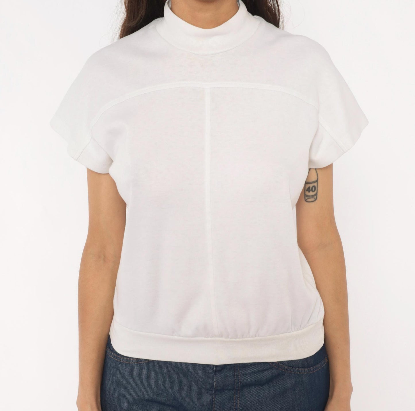 90s White Stag Mock Neck Short Sleeve Top Cream Cotton Pullover Small S