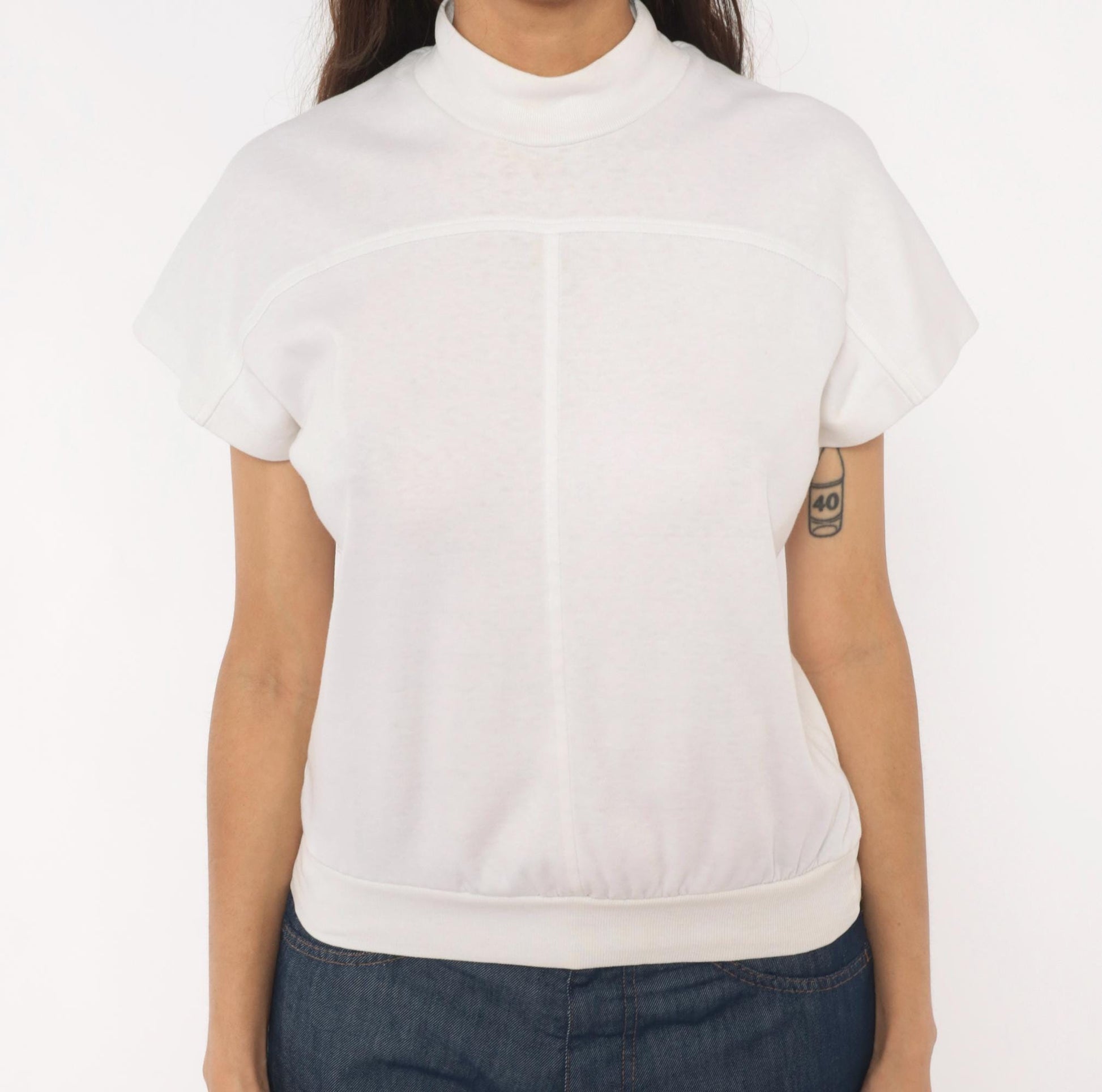 90s White Stag Mock Neck Short Sleeve Top Cream Cotton Pullover Small S