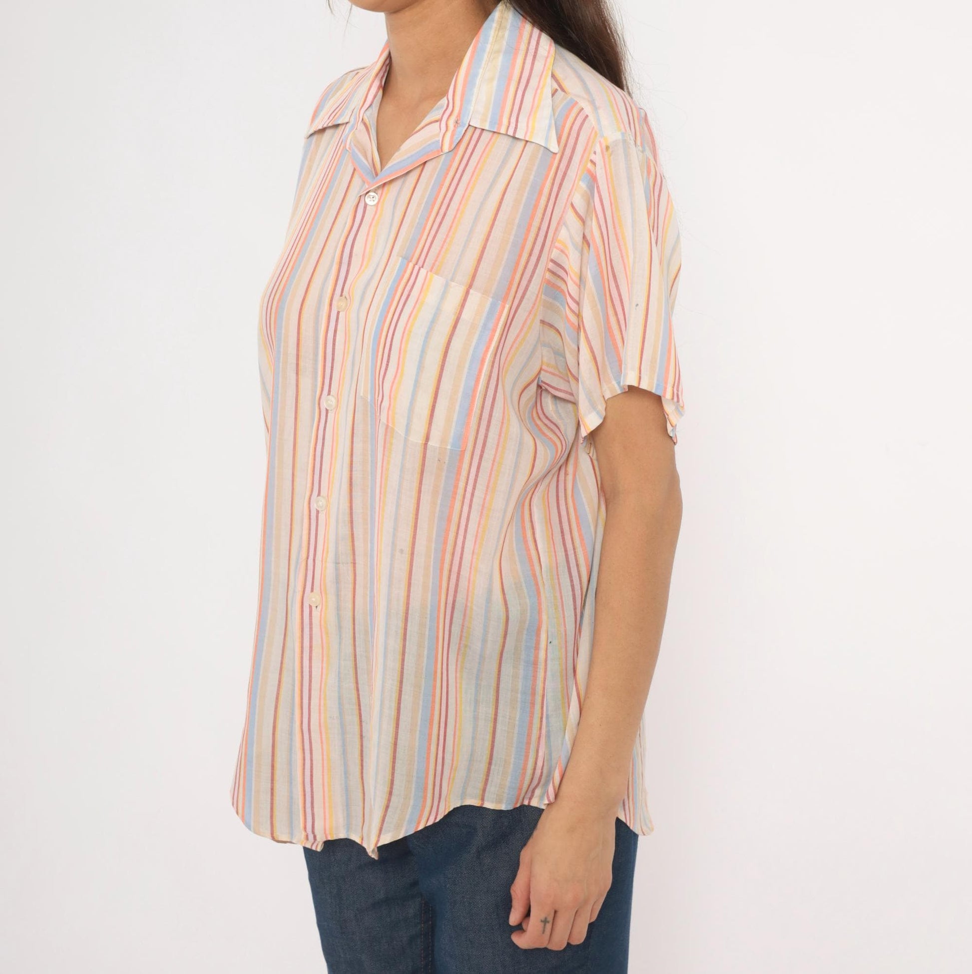 70s Brookdale Striped Camp Shirt Pastel Rainbow Cotton Notched Collar Medium