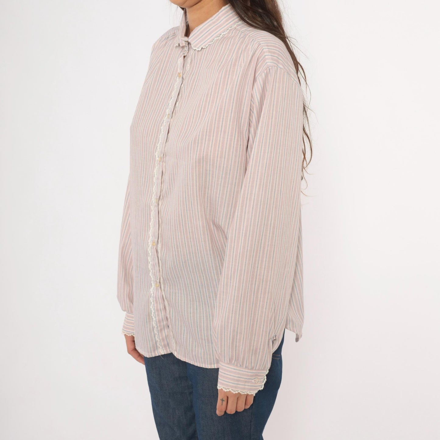 80s Laura Mae Striped Cotton Blouse Peter Pan Collar Lace Trim Extra Large XL