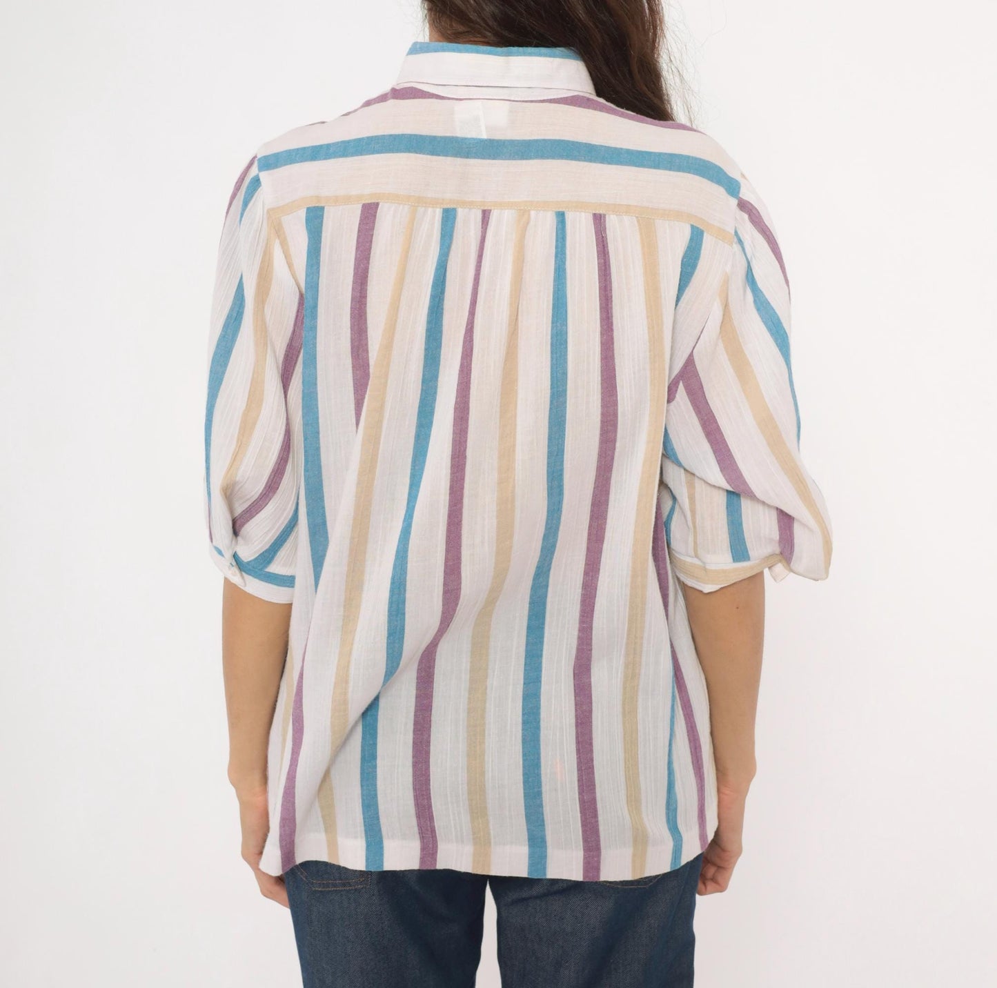80s Koret Vertical Stripe Button Front Blouse Cream Purple Blue Tan Extra Large XL