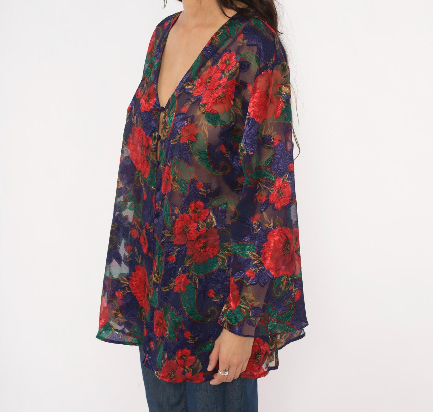 90s Victoria's Secret Sheer Kimono Robe Navy Floral Rose Print Small