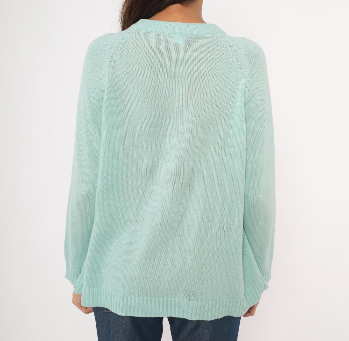 80s Seafoam Cable Knit Cardigan Mint Green Crewneck Medium M