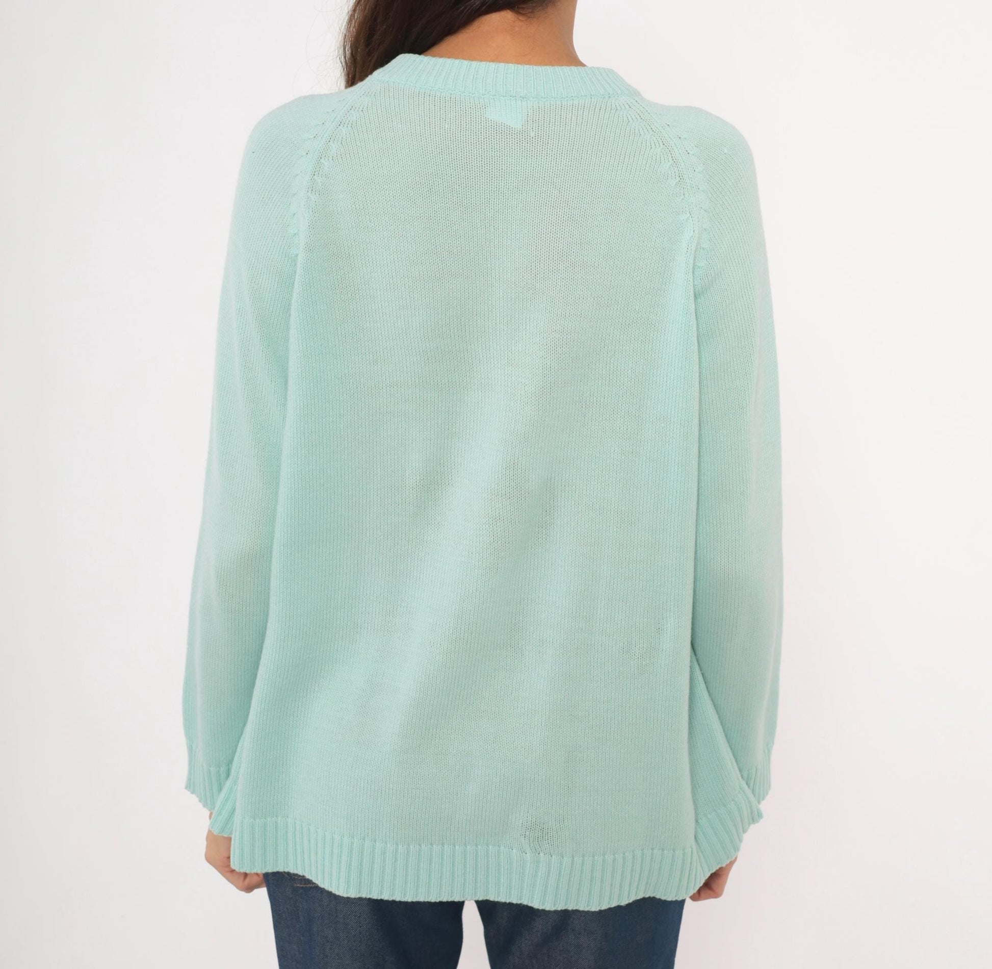 80s Seafoam Cable Knit Cardigan Mint Green Crewneck Medium M