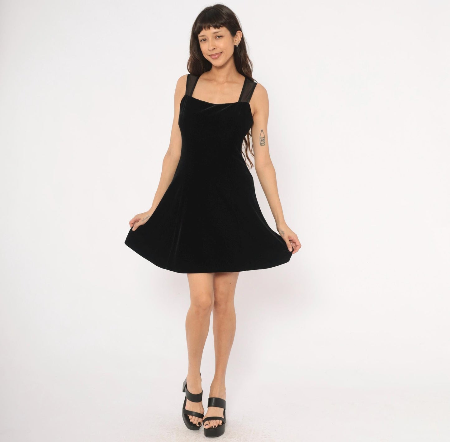 90s Betsy and Adam Black Velvet Mini Dress Sweetheart Neckline Mesh Back Medium M