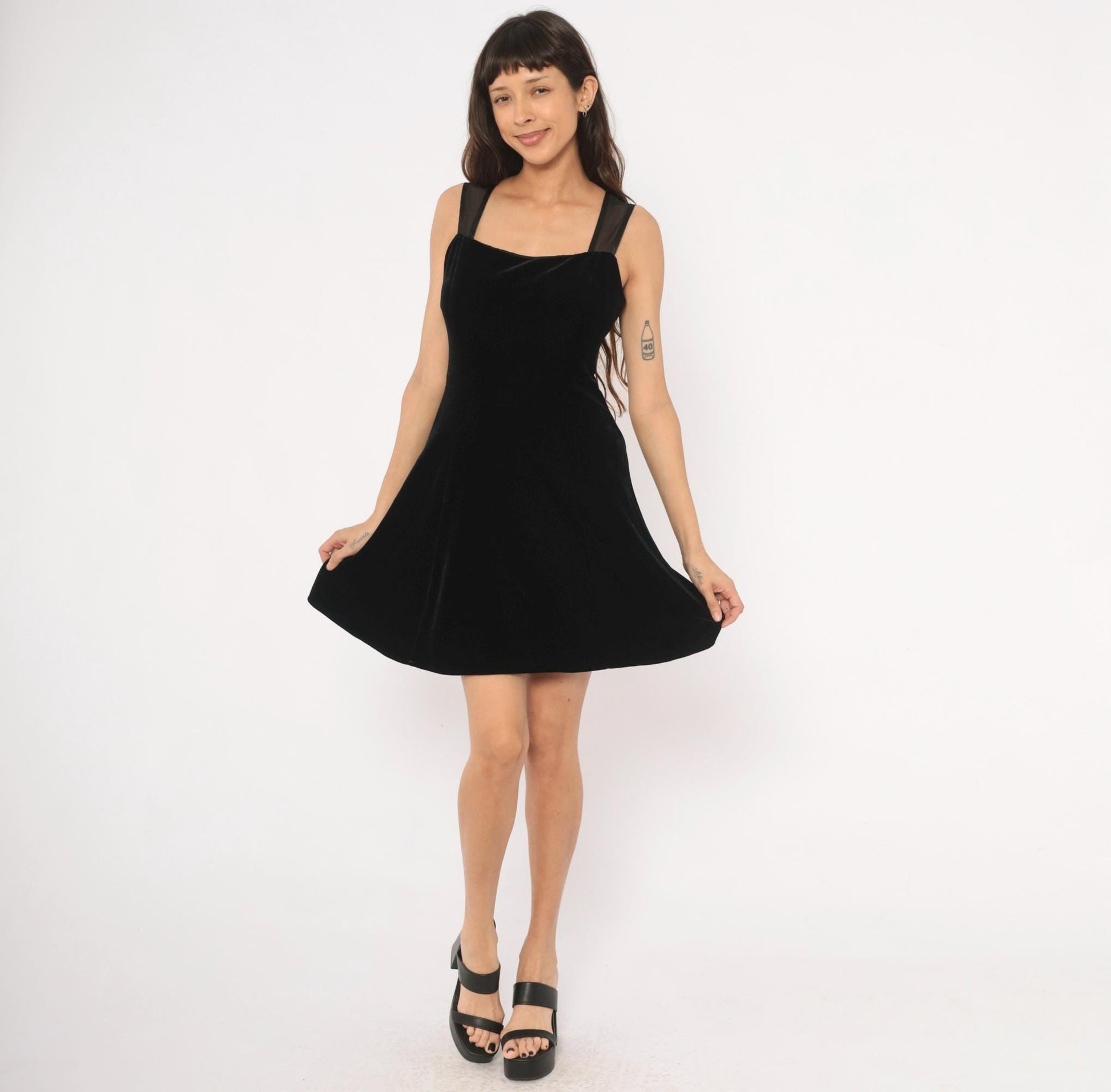 90s Betsy and Adam Black Velvet Mini Dress Sweetheart Neckline Mesh Back Medium M