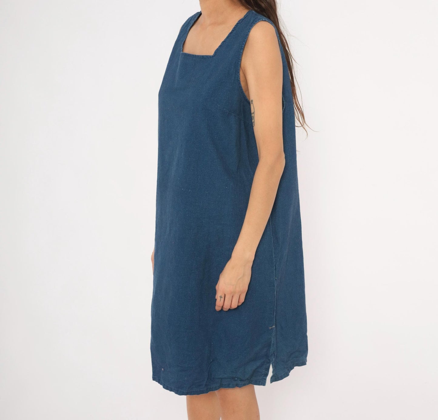 90s Portraits Navy Denim Shift Dress Square Neck Knee-Length Cotton Extra Large XL