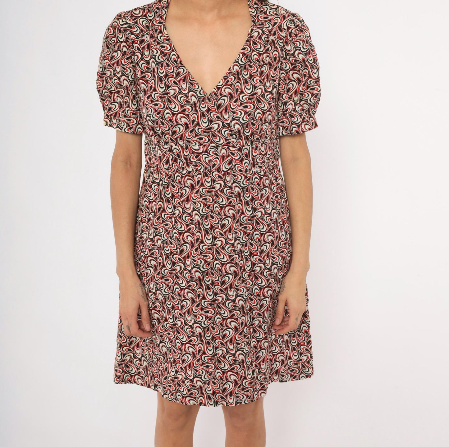 90s Psychedelic Swirl V-Neck Puff Sleeve Dress Red Black White Cotton Large L
