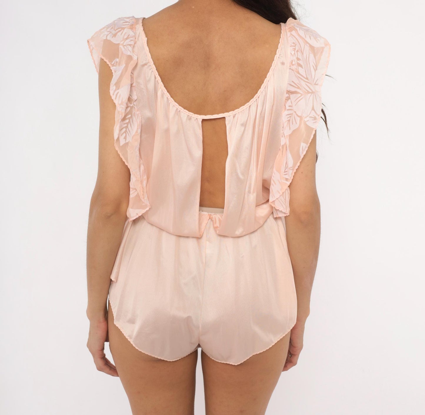 70s Blush Pink Nylon Romper Circa 2000 Flutter Sleeve Keyhole Teddy Medium M