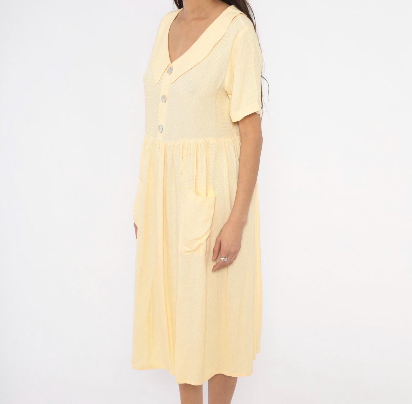 90s Dressing Clio Yellow Gingham Midi Dress Peter Pan Collar Petite Medium