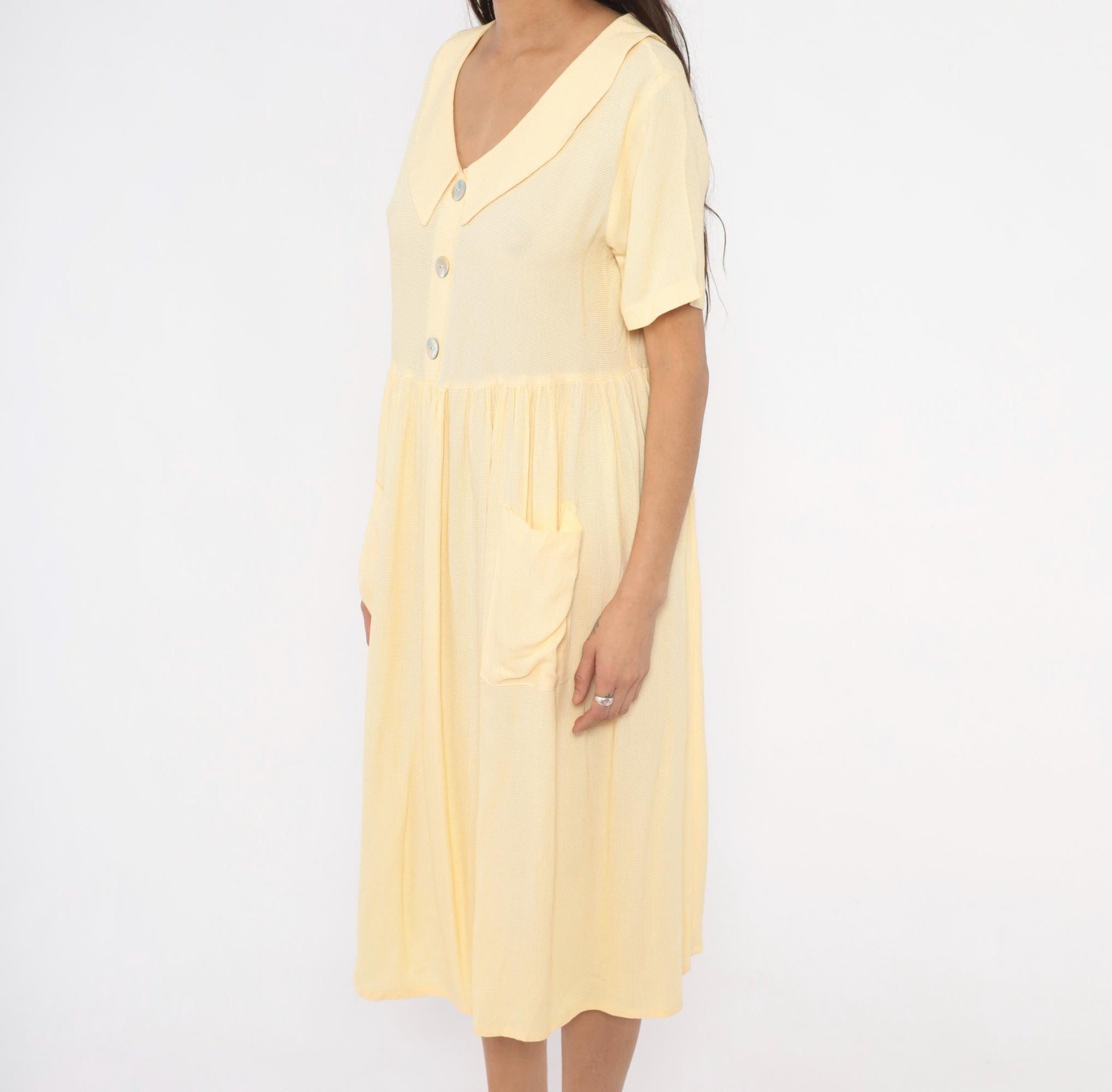 90s Dressing Clio Yellow Gingham Midi Dress Peter Pan Collar Petite Medium