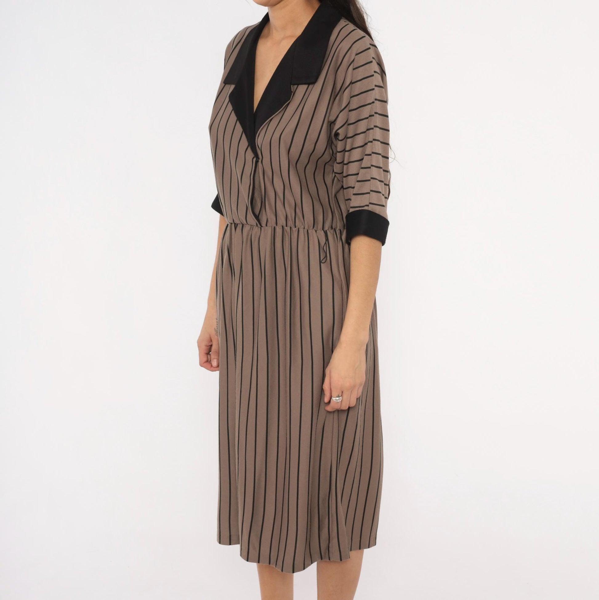 80s Studio Petites Striped Wrap Midi Dress Taupe Black Notched Collar Petite 14P