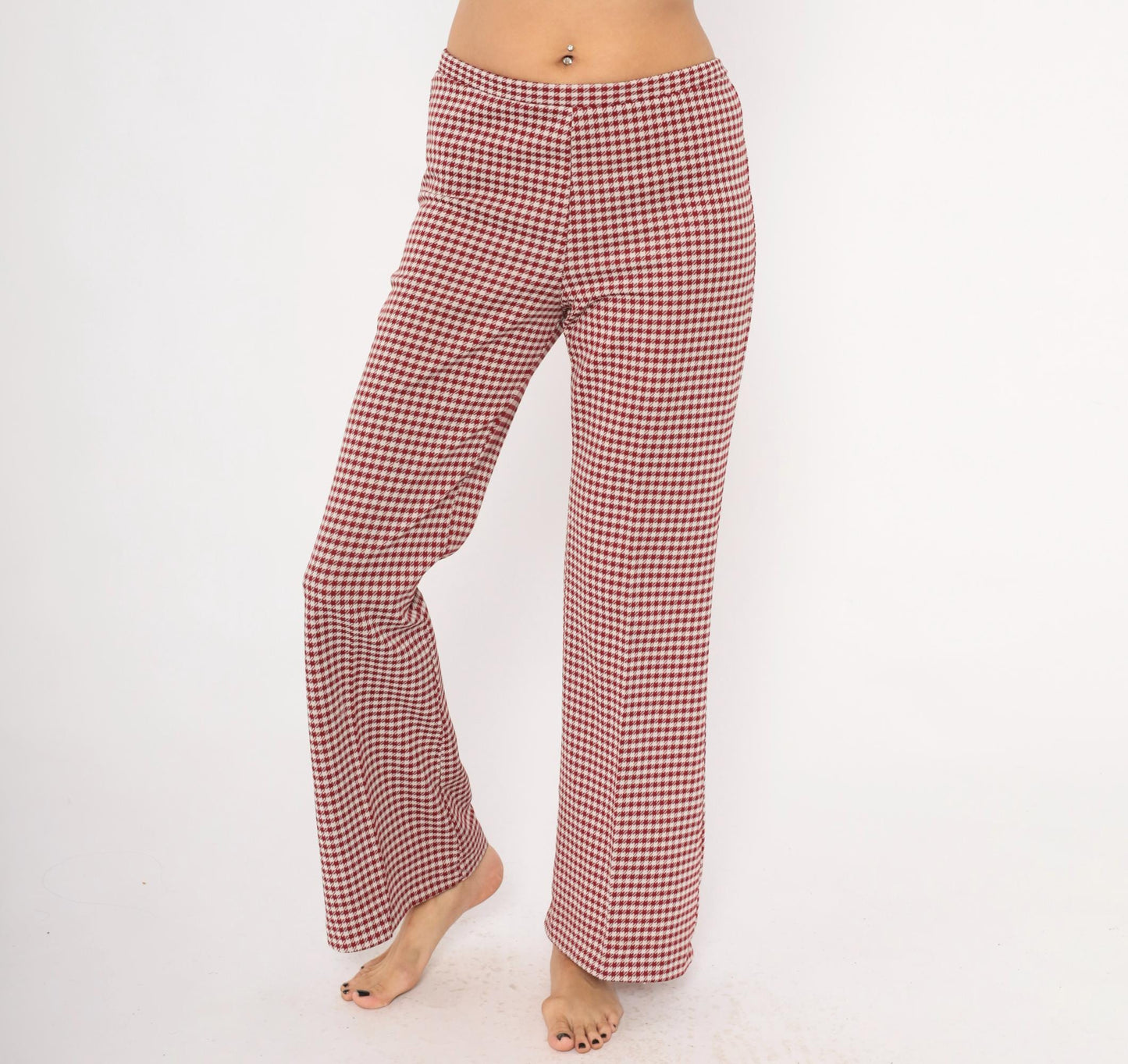 70s Houndstooth Flare Pants Burgundy Cream Low Rise Bell Bottom Medium