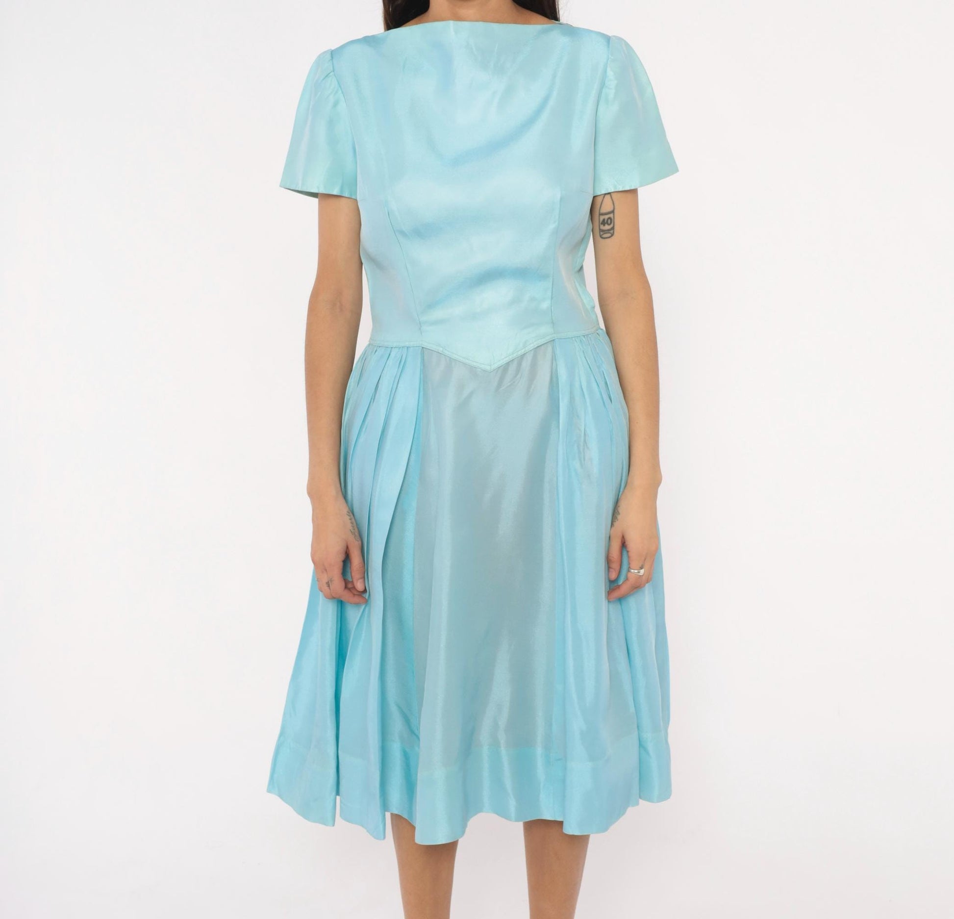 60s Baby Blue Fit-and-Flare Dress Basque Waist Pleated Knee-Length Large L