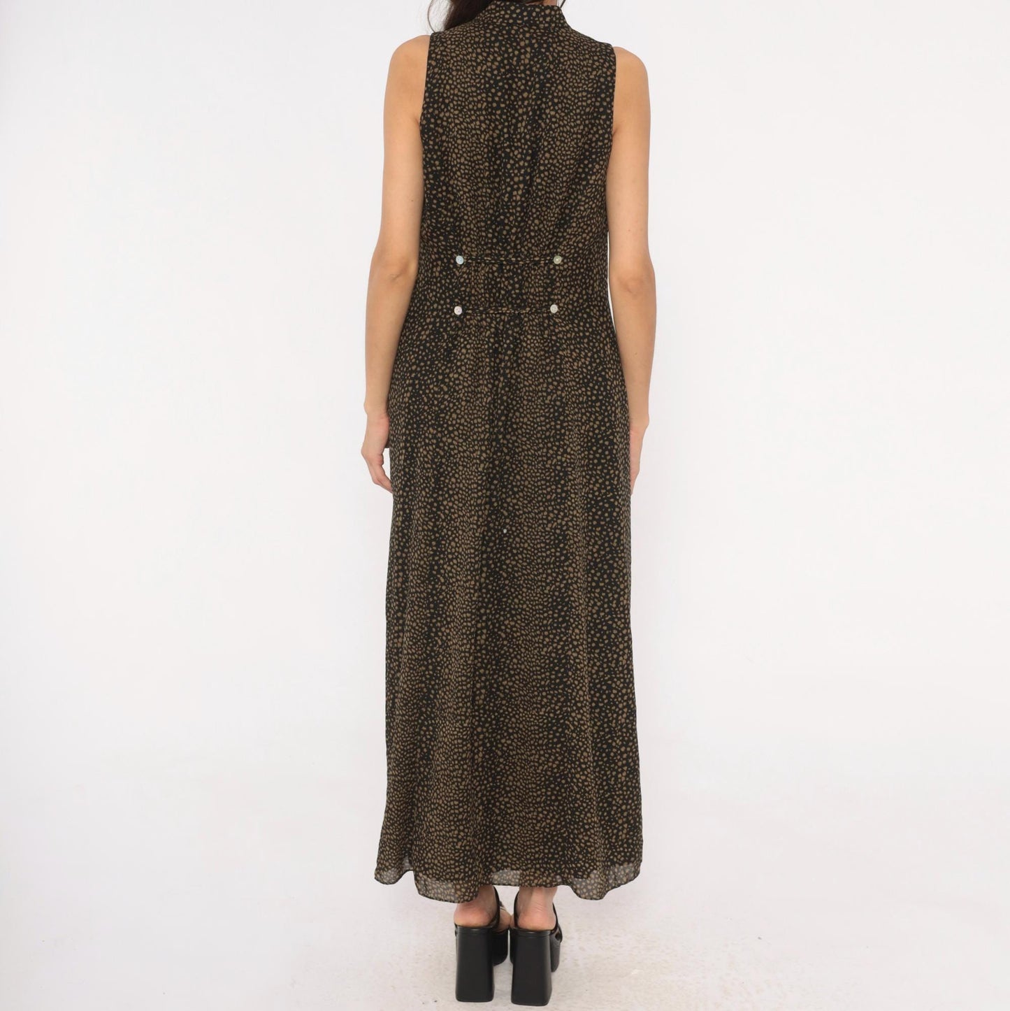 90s David Warren New York Maxi Dress Mandarin Collar Keyhole Black Tan Spotted Large L