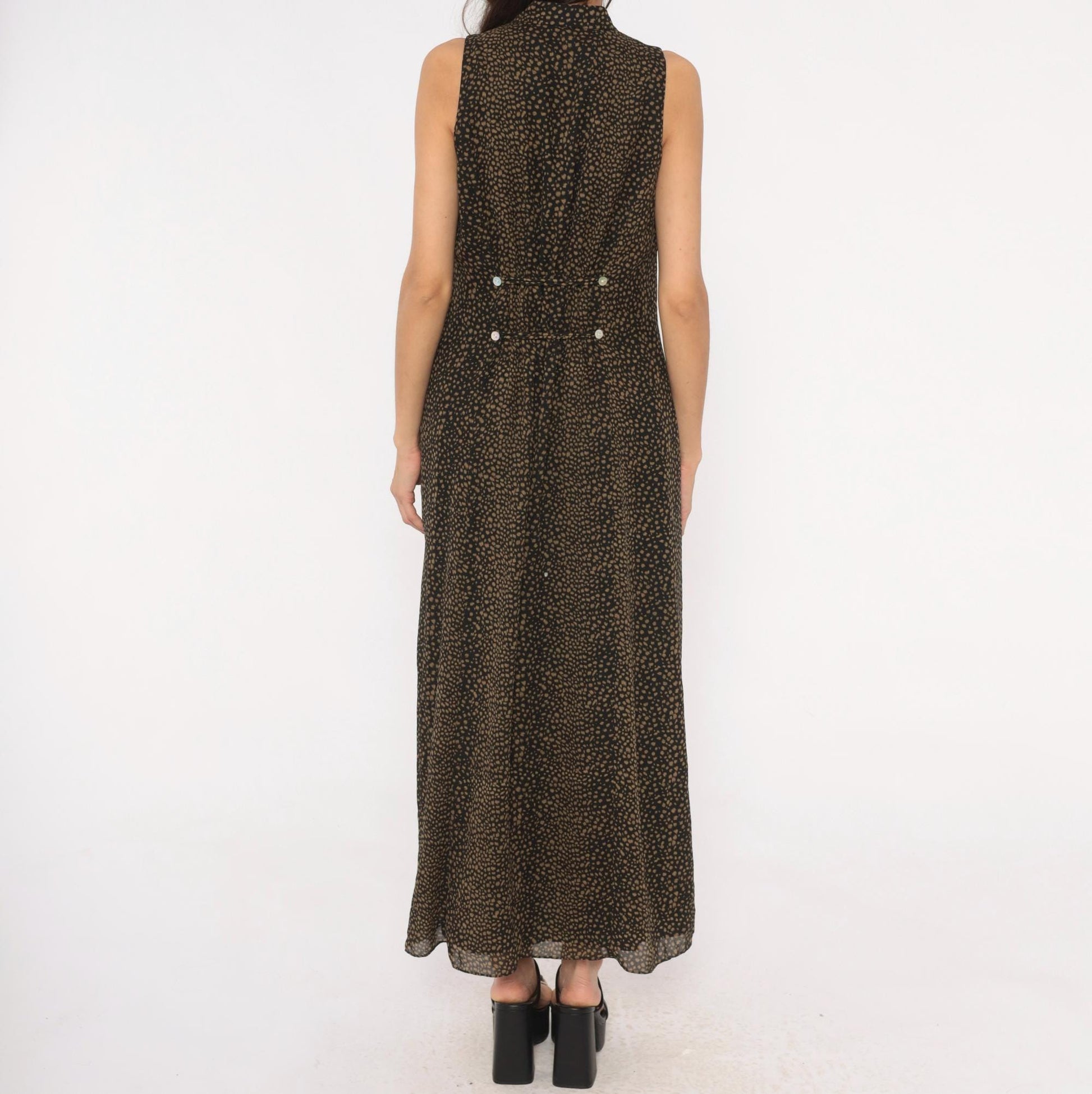 90s David Warren New York Maxi Dress Mandarin Collar Keyhole Black Tan Spotted Large L