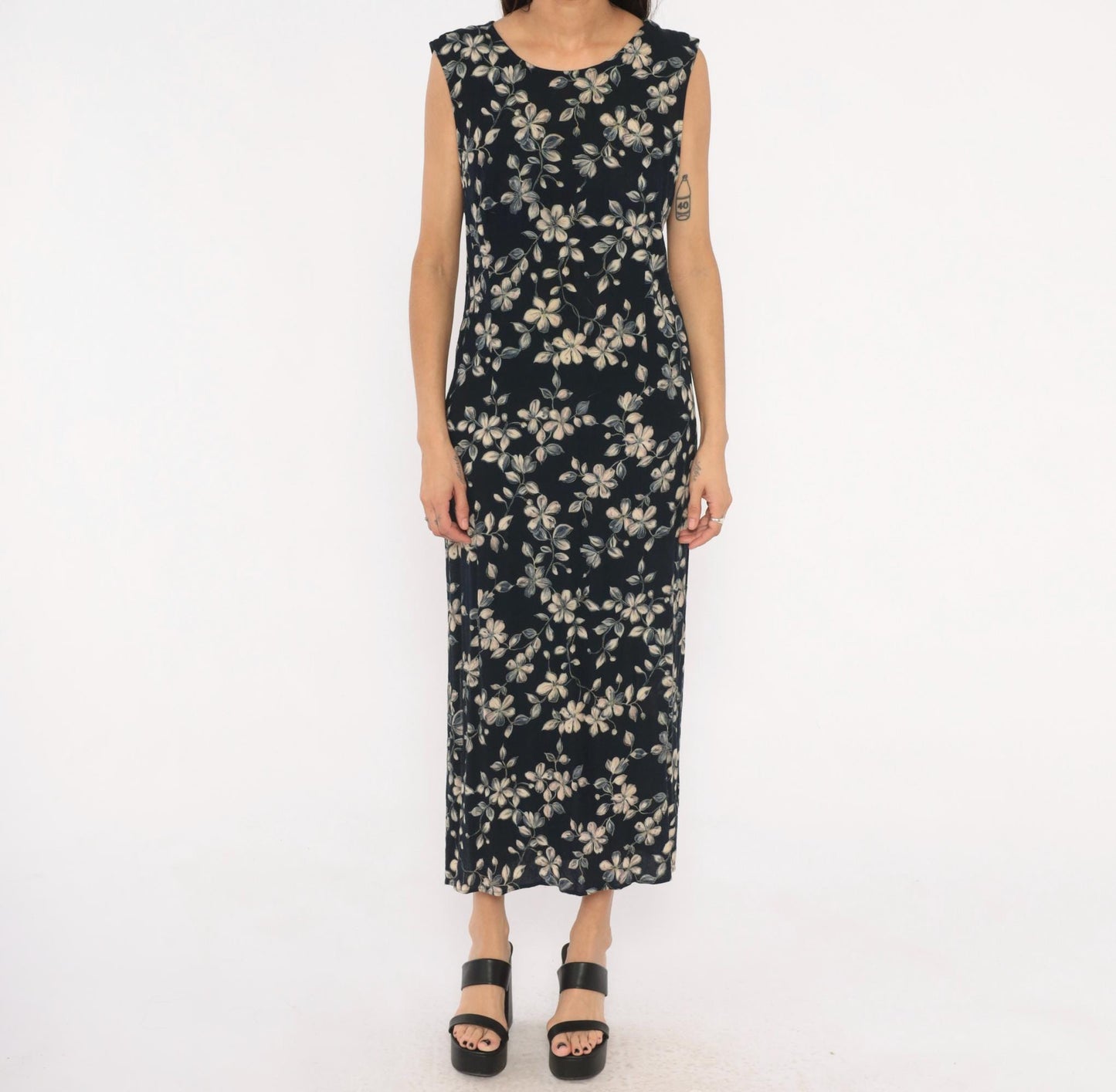 90s Northern Reflections Floral Maxi Dress Navy Cream Grey Keyhole Tie Back Large